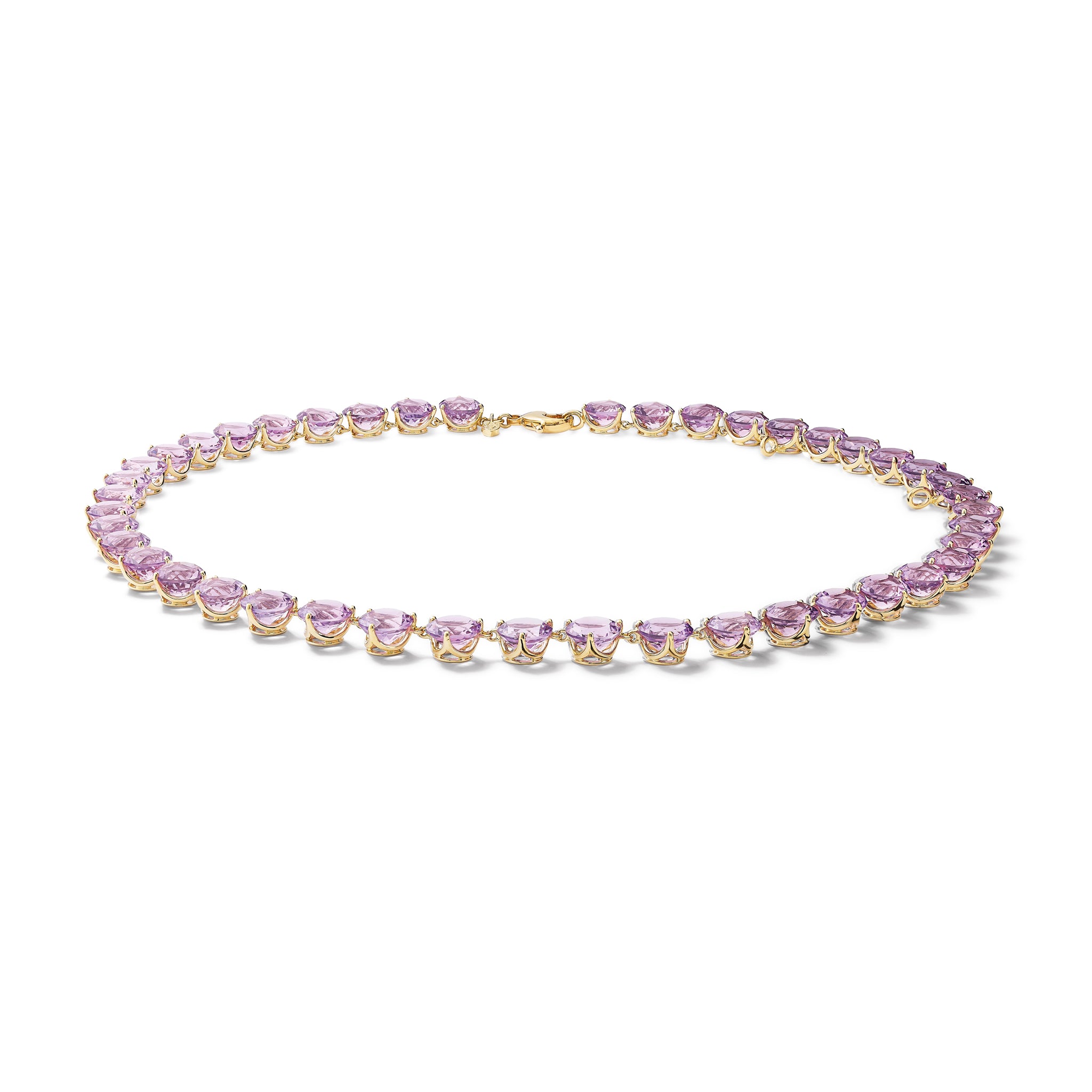 Handcrafted yellow gold necklace featuring circular amethyst gemstones.
