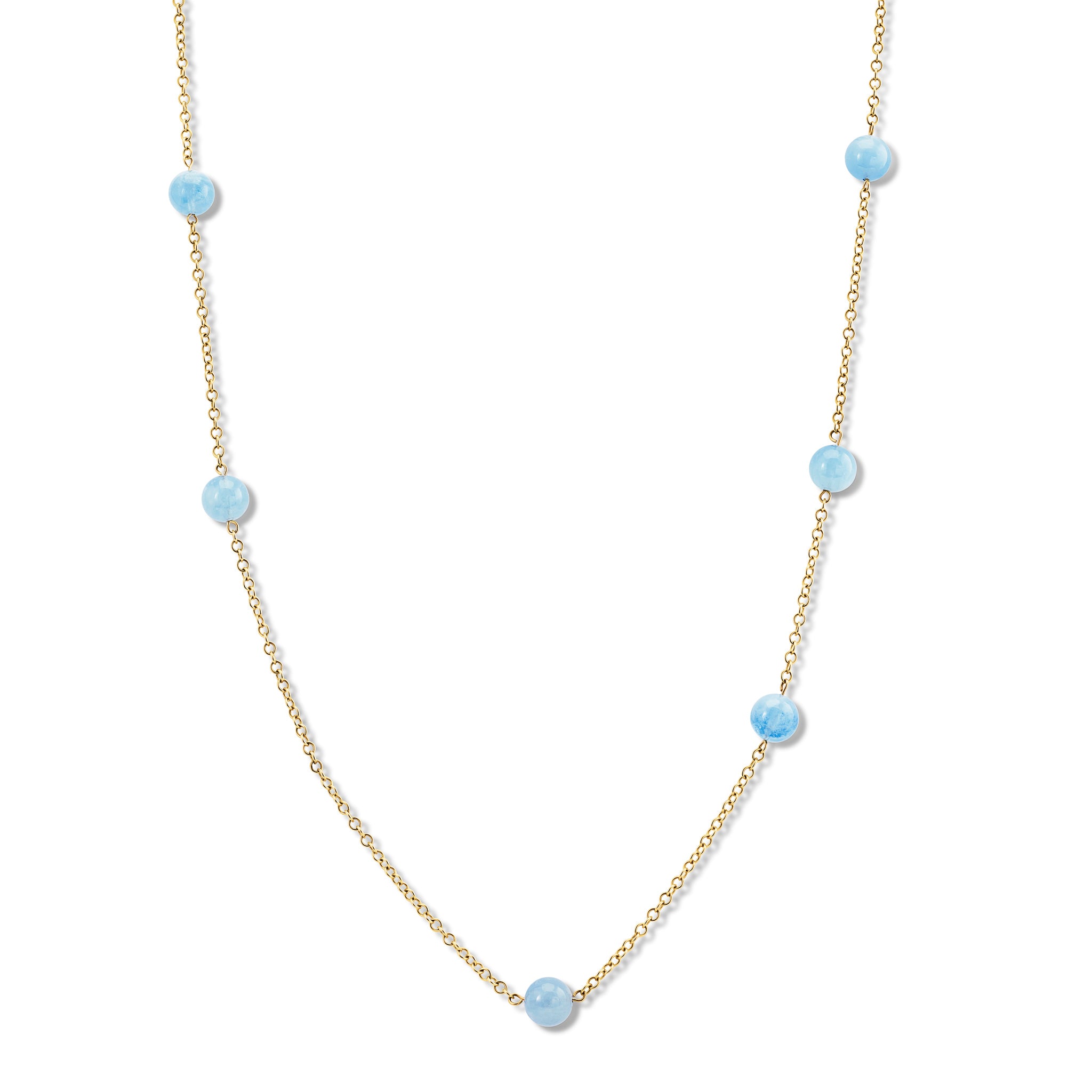 Handcrafted yellow gold necklace featuring six aquamarine beads. 