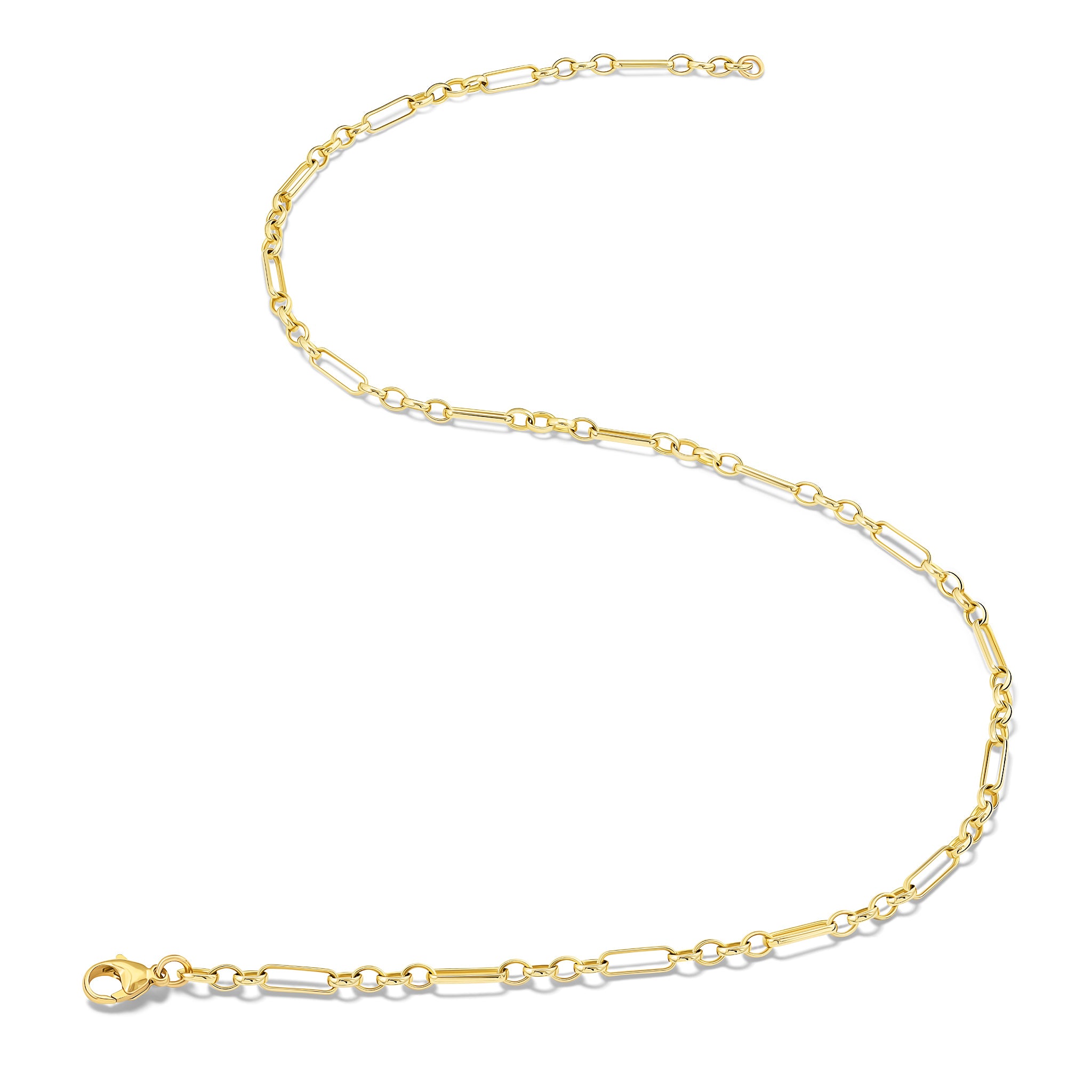 Handcrafted yellow gold necklace chain featuring oval and rectangular links.