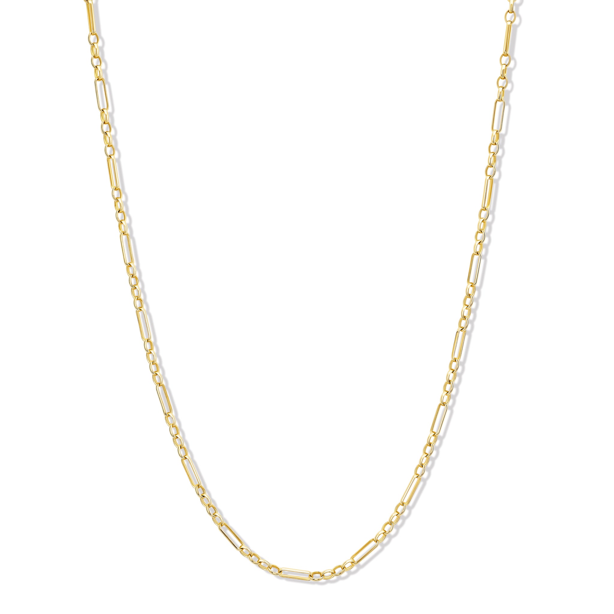 Handcrafted yellow gold necklace chain featuring oval and rectangular links.