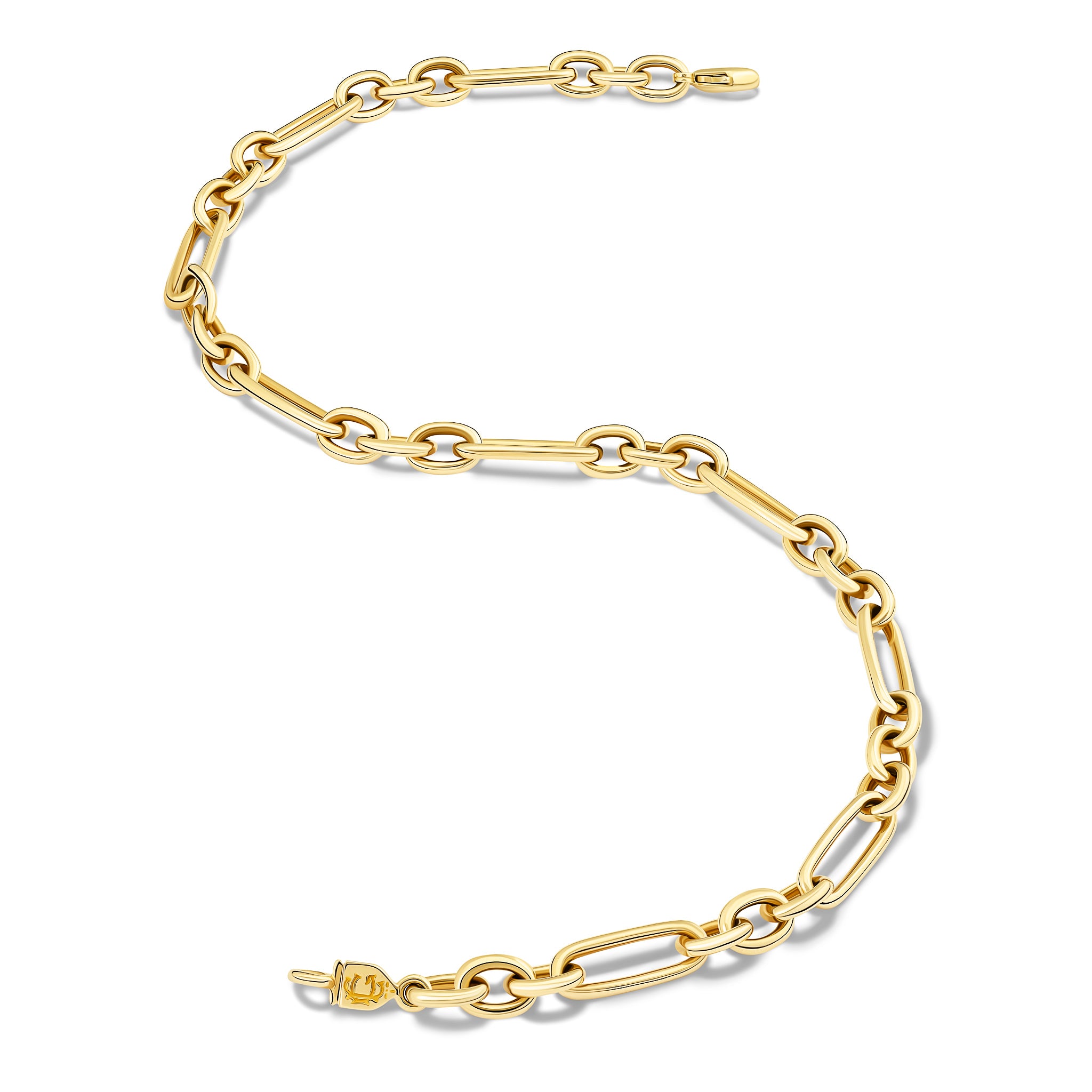 Handcrafted yellow gold necklace link bracelet featuring chunky round and rounded rectangular links interconnected.