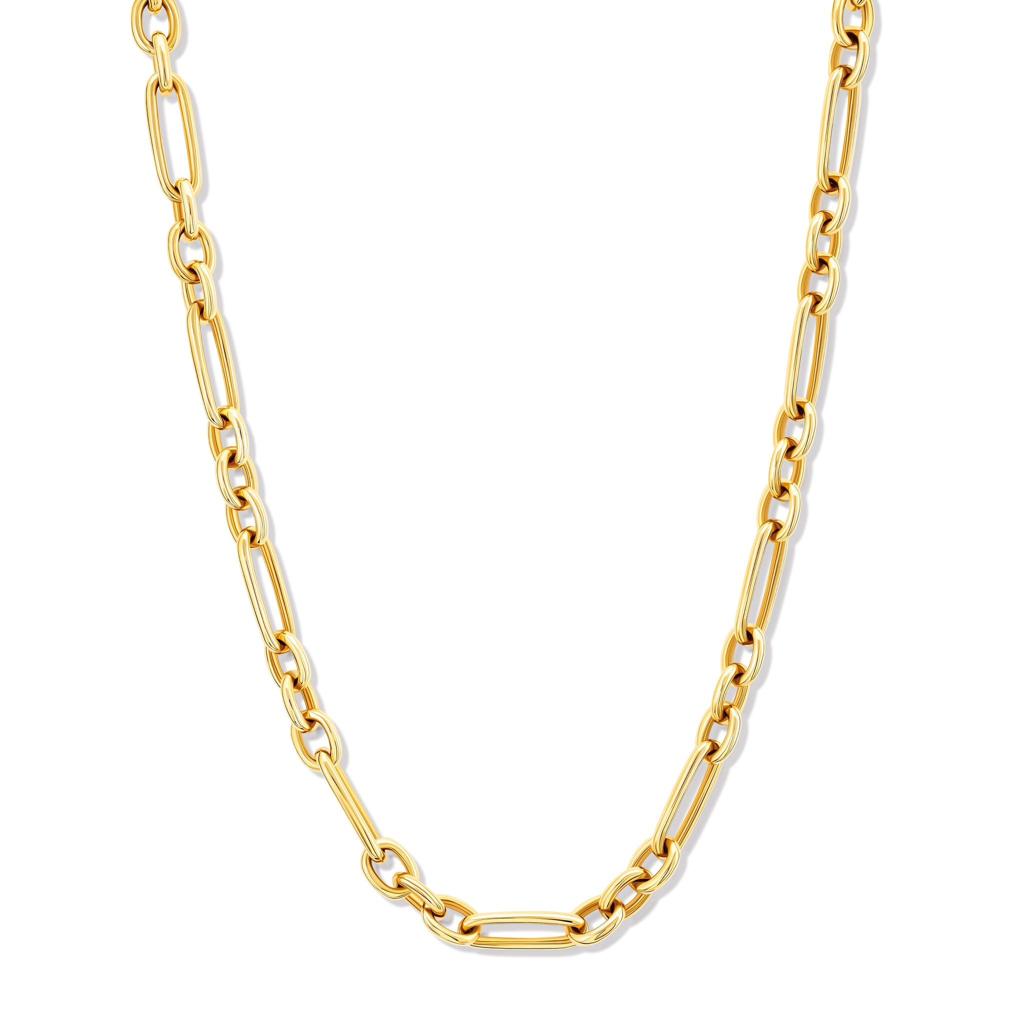 Handcrafted yellow gold necklace link bracelet featuring chunky round and rounded rectangular links interconnected.