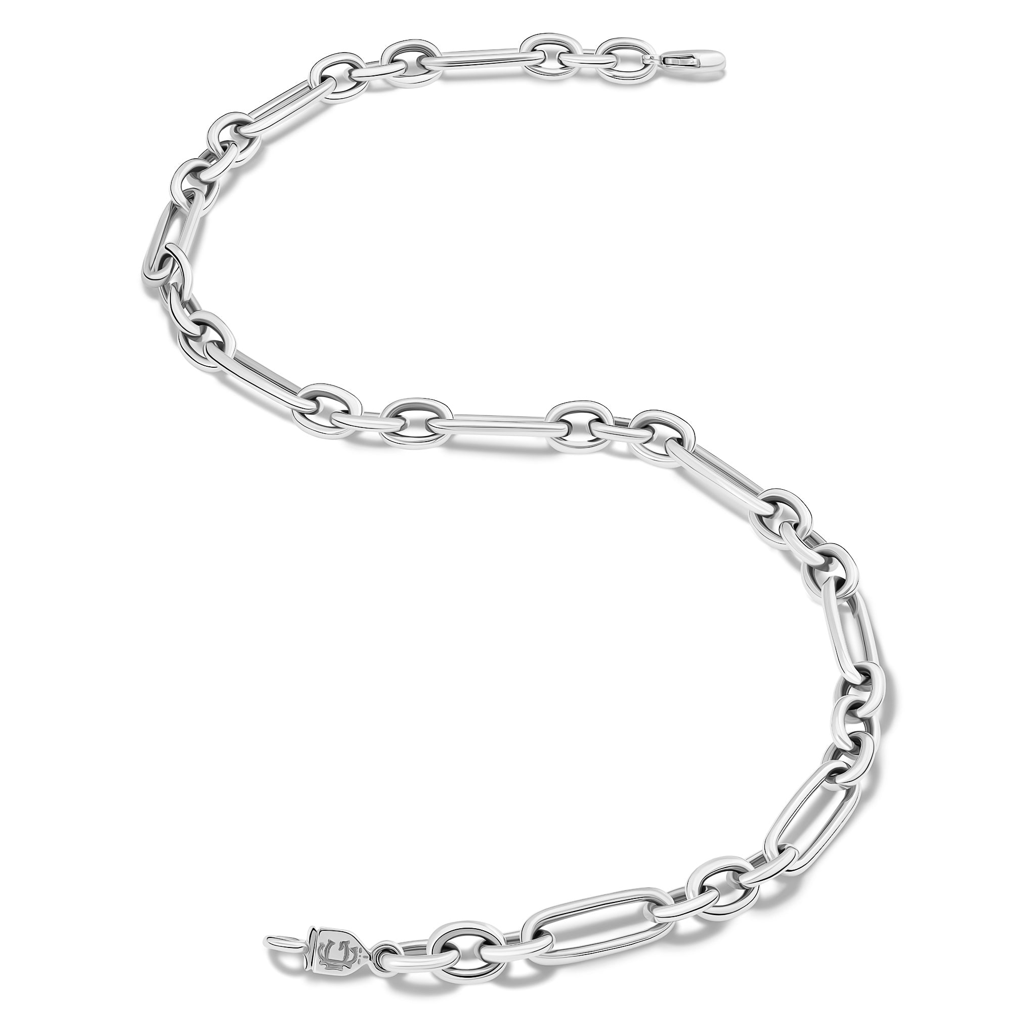 Handcrafted sterling silver link necklace featuring chunky round and rounded rectangular links interconnected.