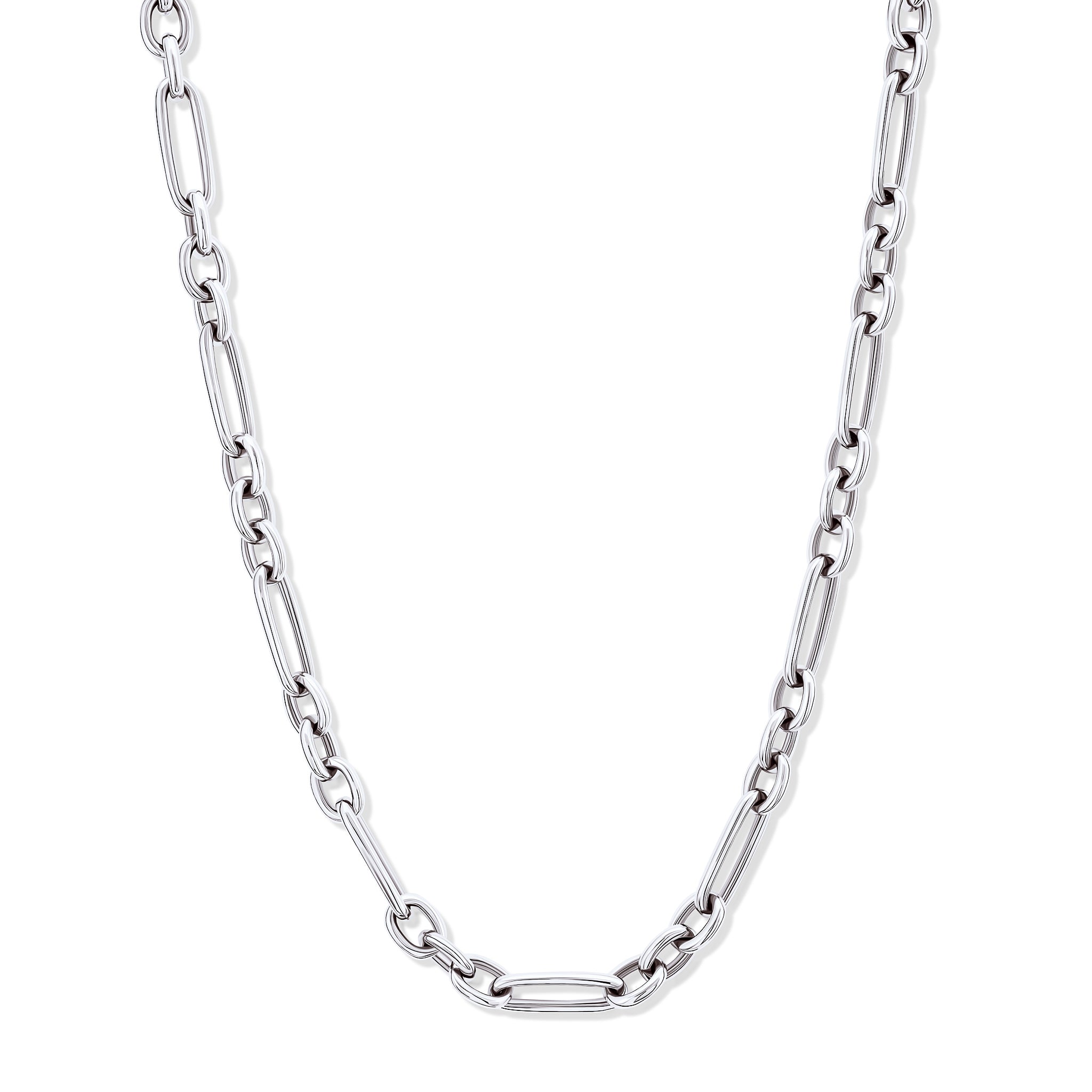 Handcrafted sterling silver link necklace featuring chunky round and rounded rectangular links interconnected.