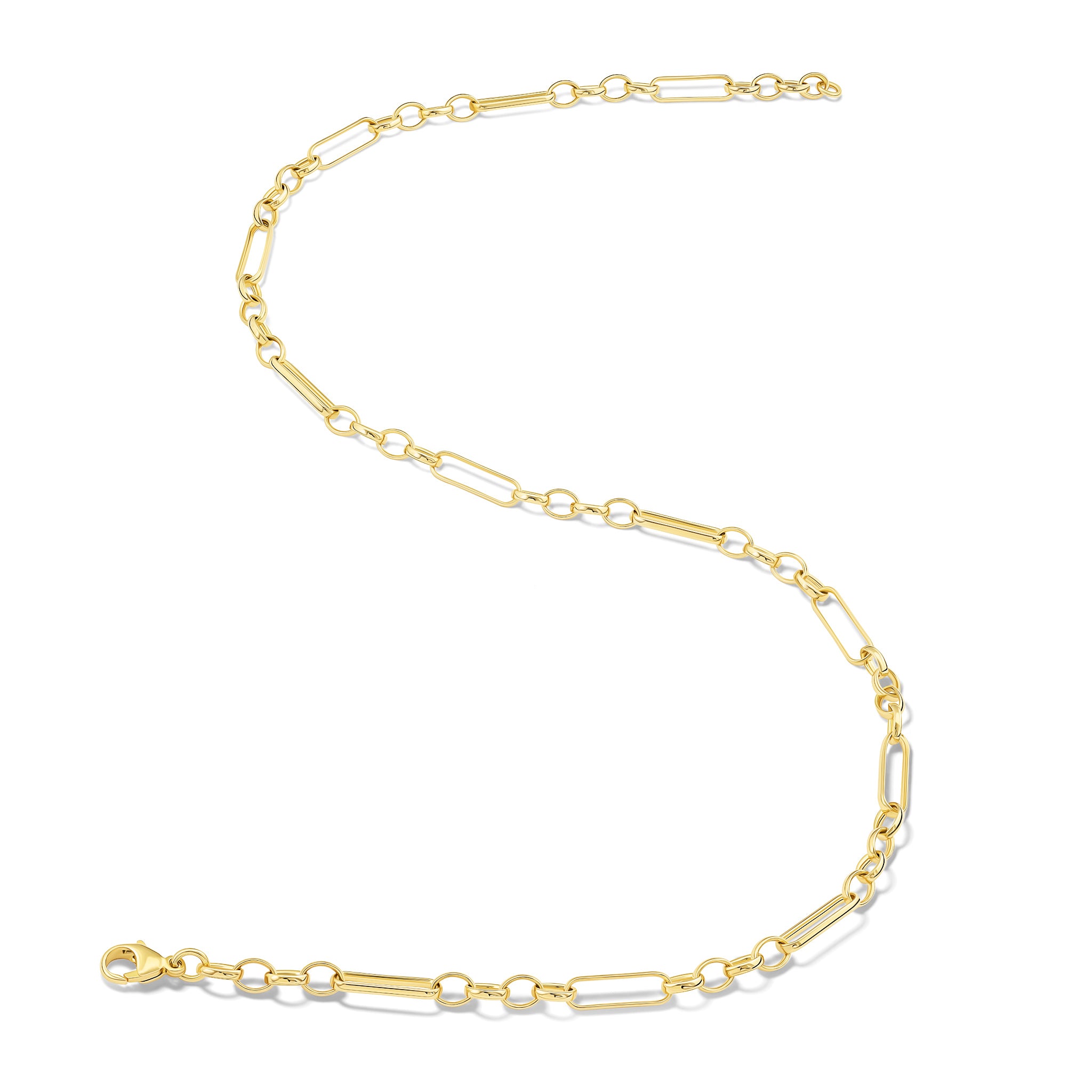 Handcrafted yellow gold necklace chain featuring oval and rectangular links.