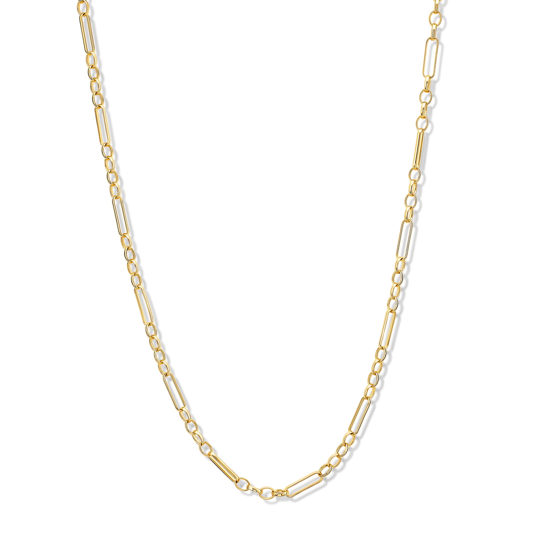 Handcrafted yellow gold necklace chain featuring oval and rectangular links.