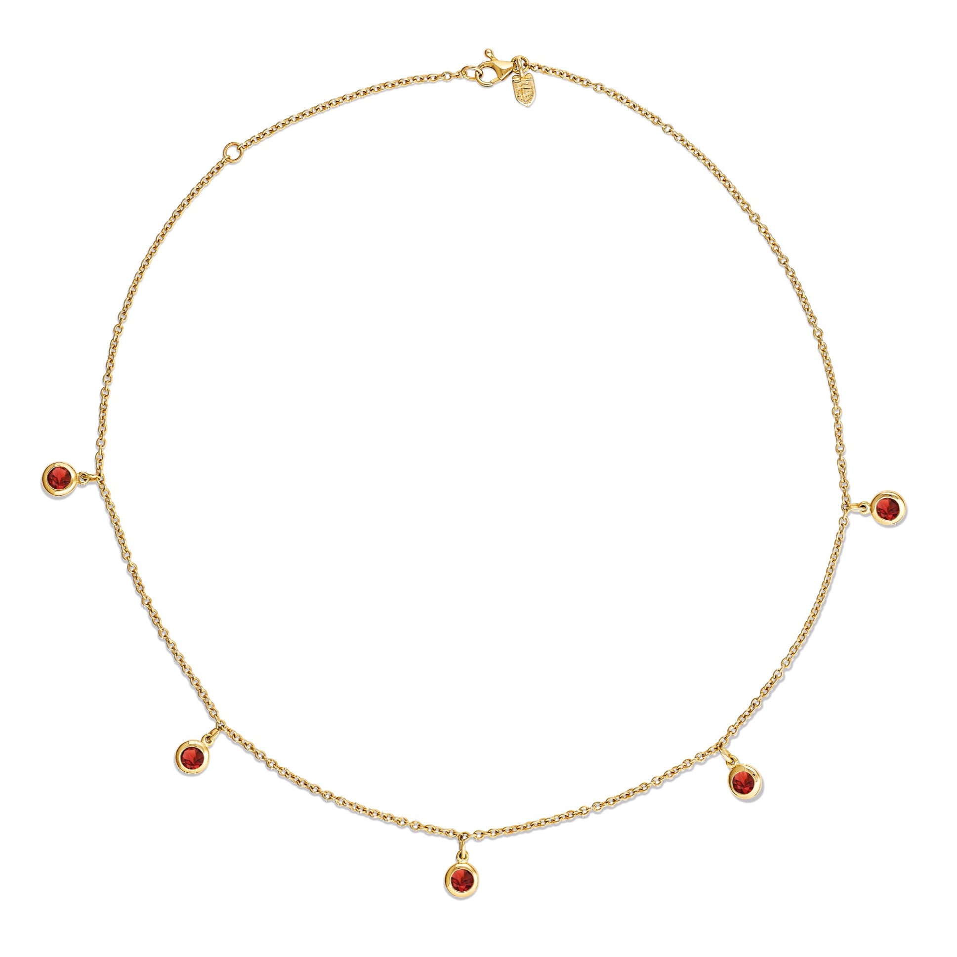 Handcrafted yellow gold necklace with five round garnet drops, birthstone of November.