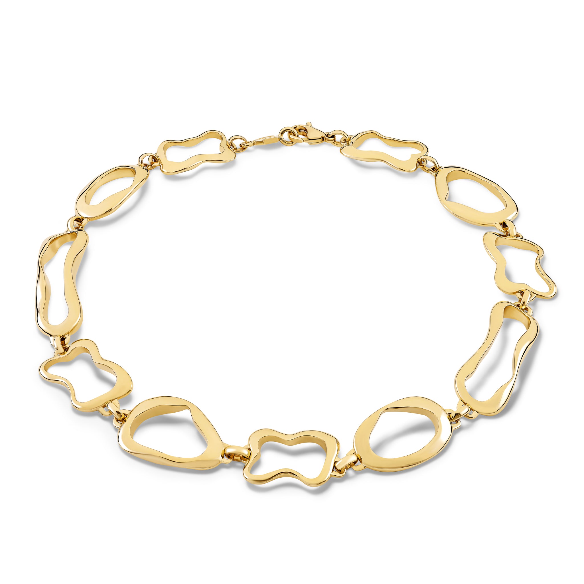 Handcrafted yellow gold necklace featuring the outlines of french pastries: éclair, canelé, pain au chocolat and croissant.