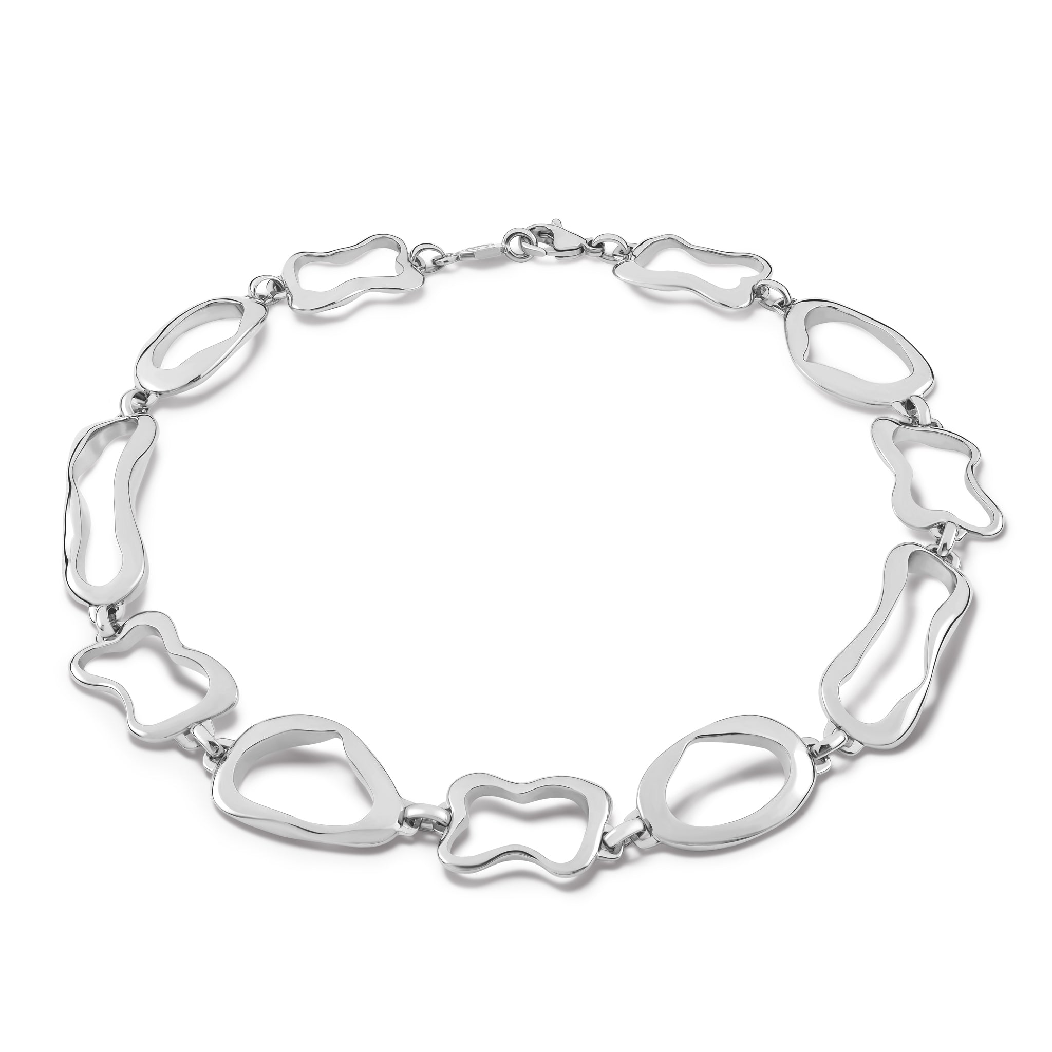 Handcrafted sterling silver necklace featuring the outlines of french pastries: éclair, canelé, pain au chocolat and croissant. 