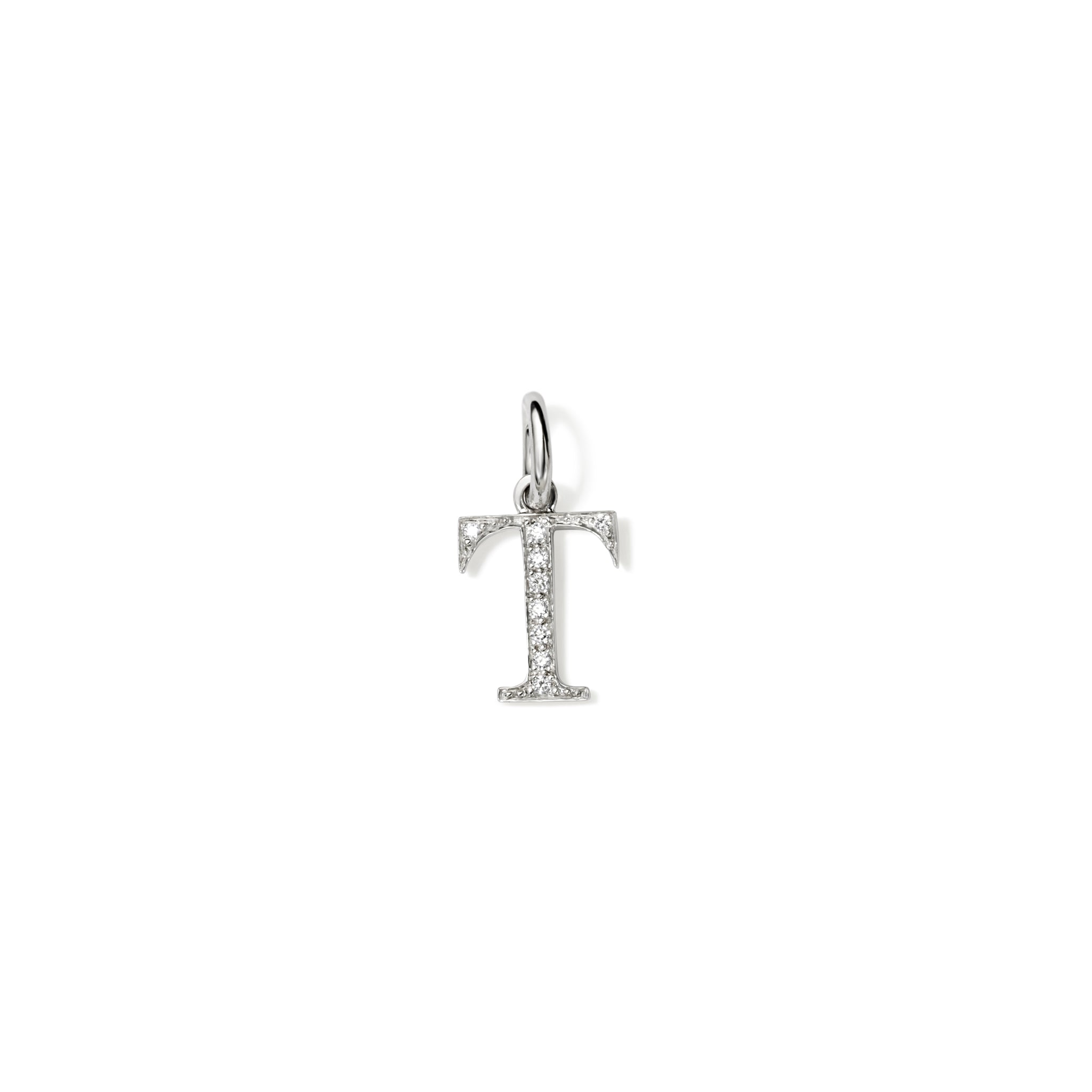 Handcrafted 18ct white gold initial T necklace pendant set with diamond pavé, with a loop at the top for chain attachment.