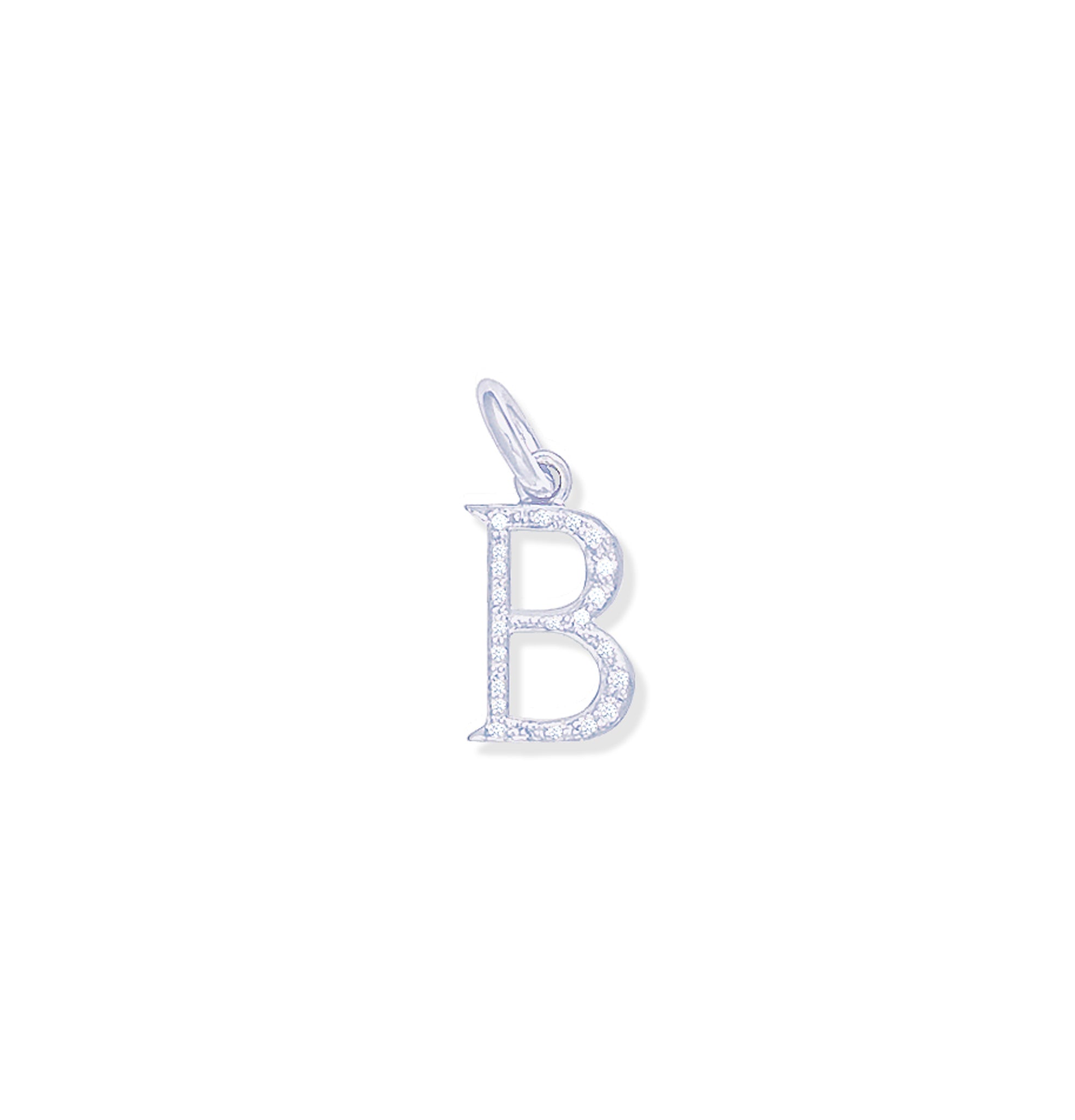 Handcrafted 18ct white gold initial B necklace pendant set with diamond pavé, with a loop at the top for chain attachment.