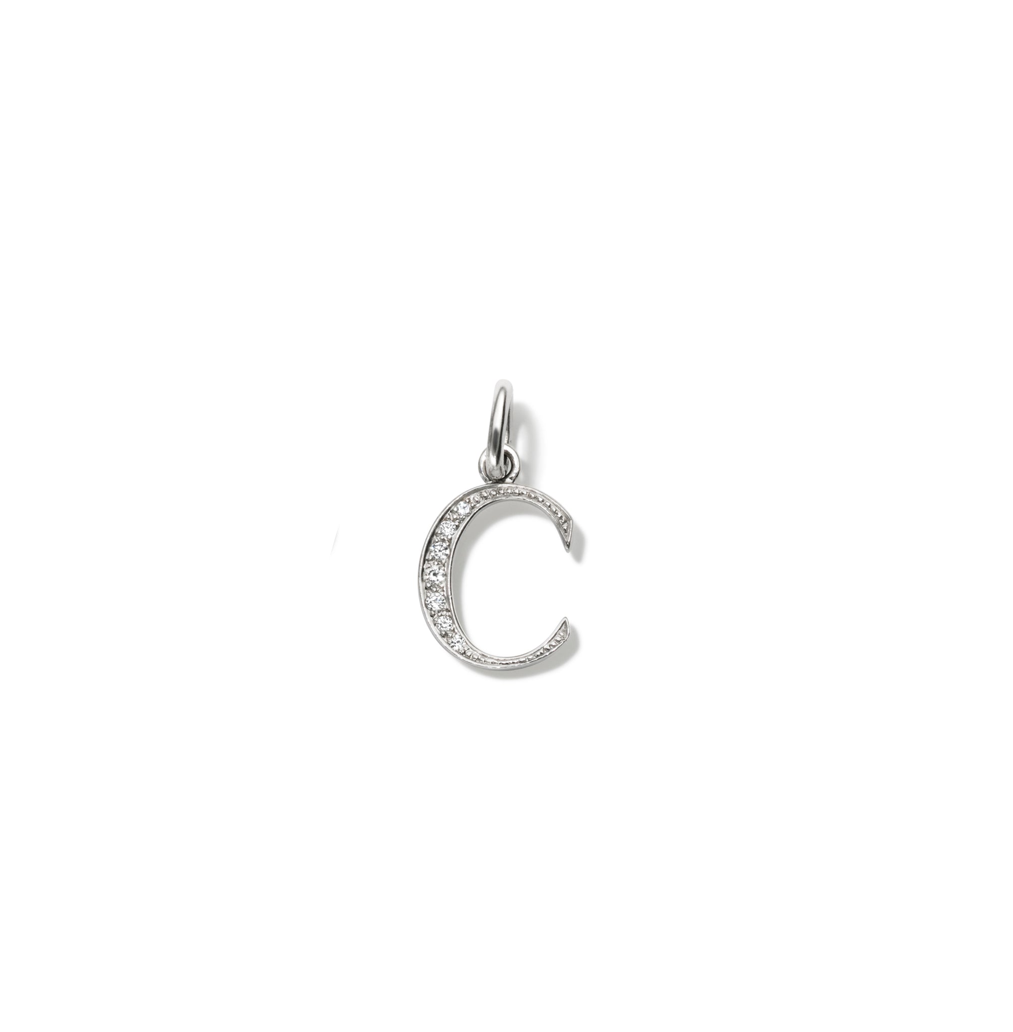 Handcrafted 18ct white gold initial C necklace pendant set with diamond pavé, with a loop at the top for chain attachment.