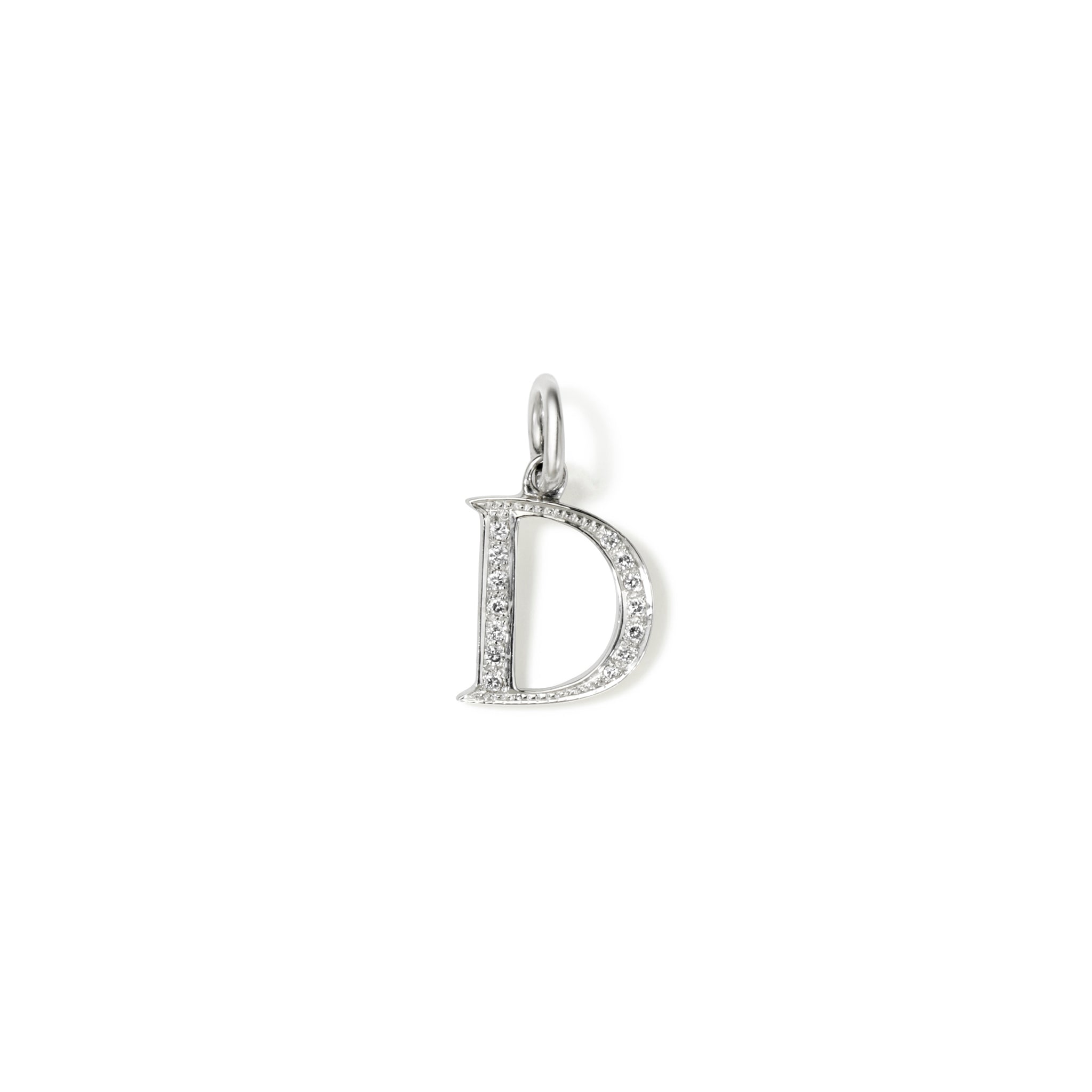 Handcrafted 18ct white gold initial D necklace pendant set with diamond pavé, with a loop at the top for chain attachment.