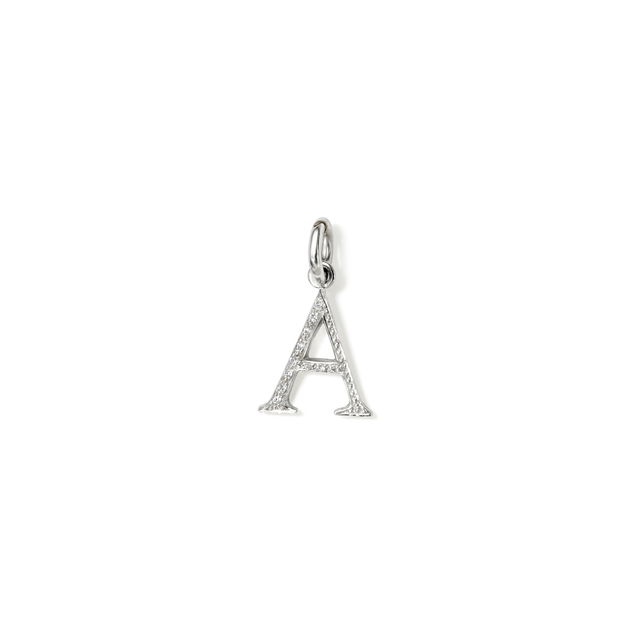 Handcrafted 18ct white gold initial A necklace pendant set with diamond pavé, with a loop at the top for chain attachment.