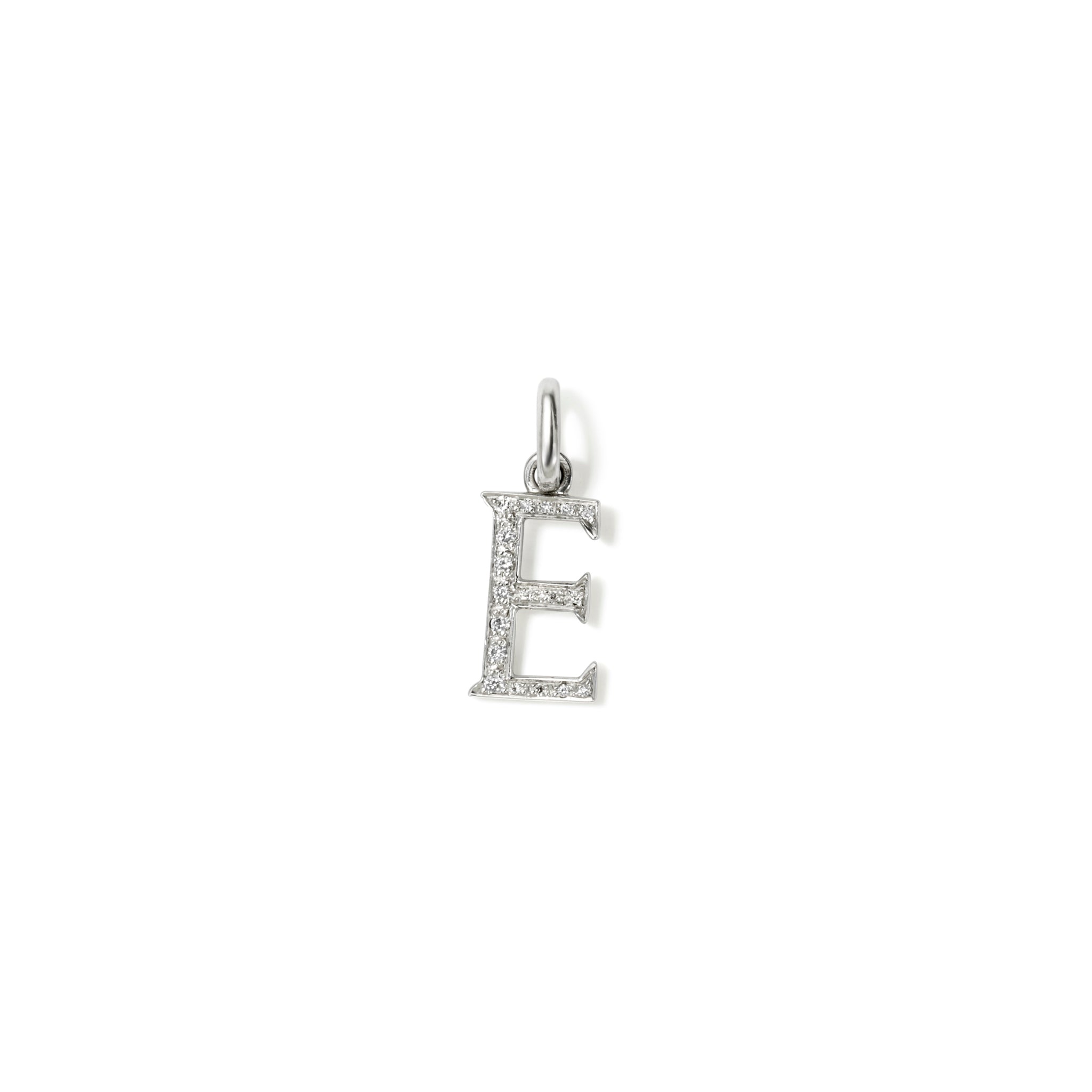 Handcrafted 18ct white gold initial E necklace pendant set with diamond pavé, with a loop at the top for chain attachment.