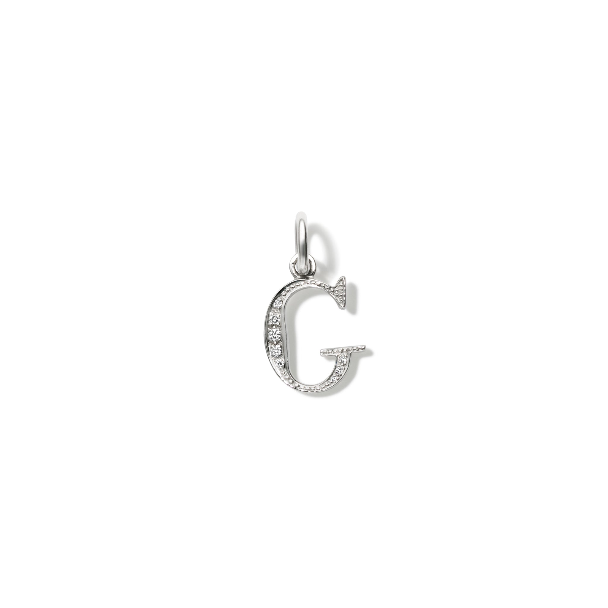 Handcrafted 18ct white gold initial G necklace pendant set with diamond pavé, with a loop at the top for chain attachment.