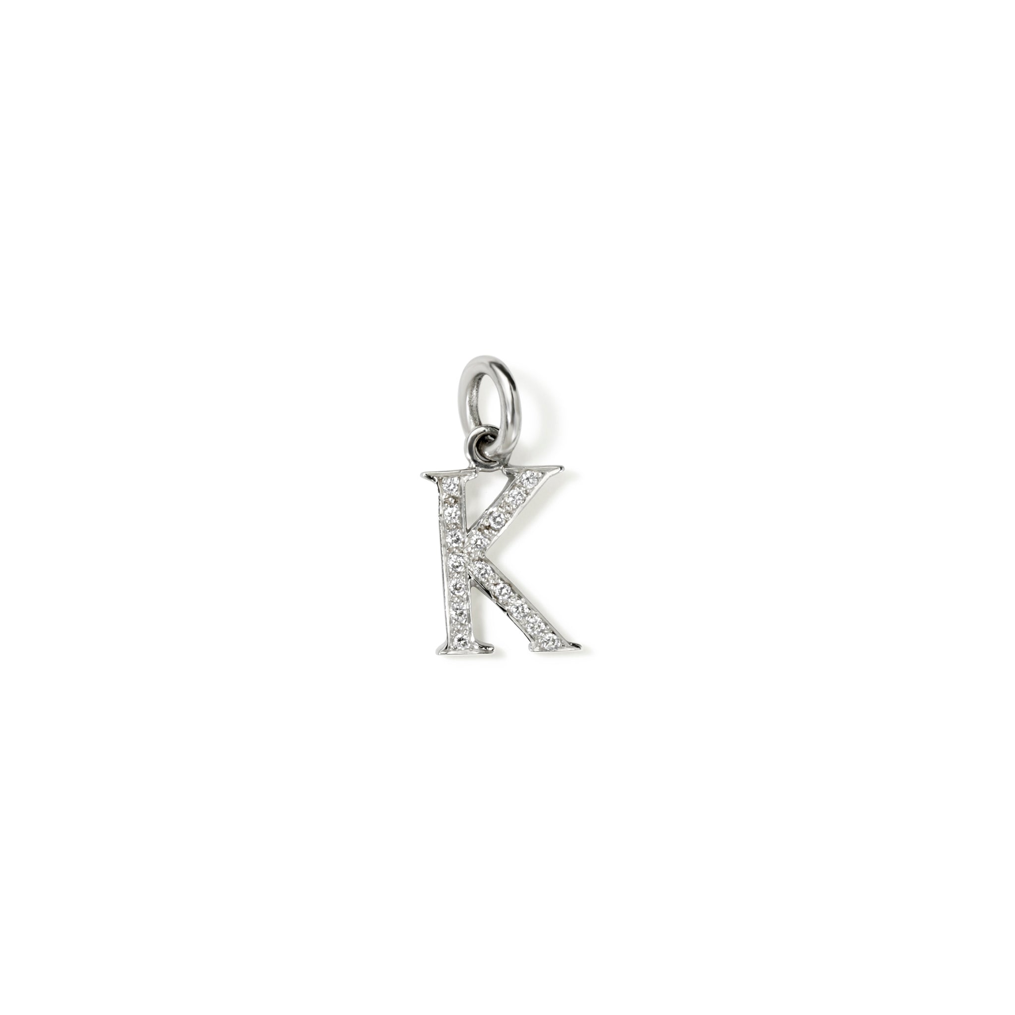 Handcrafted 18ct white gold initial K necklace pendant set with diamond pavé, with a loop at the top for chain attachment.