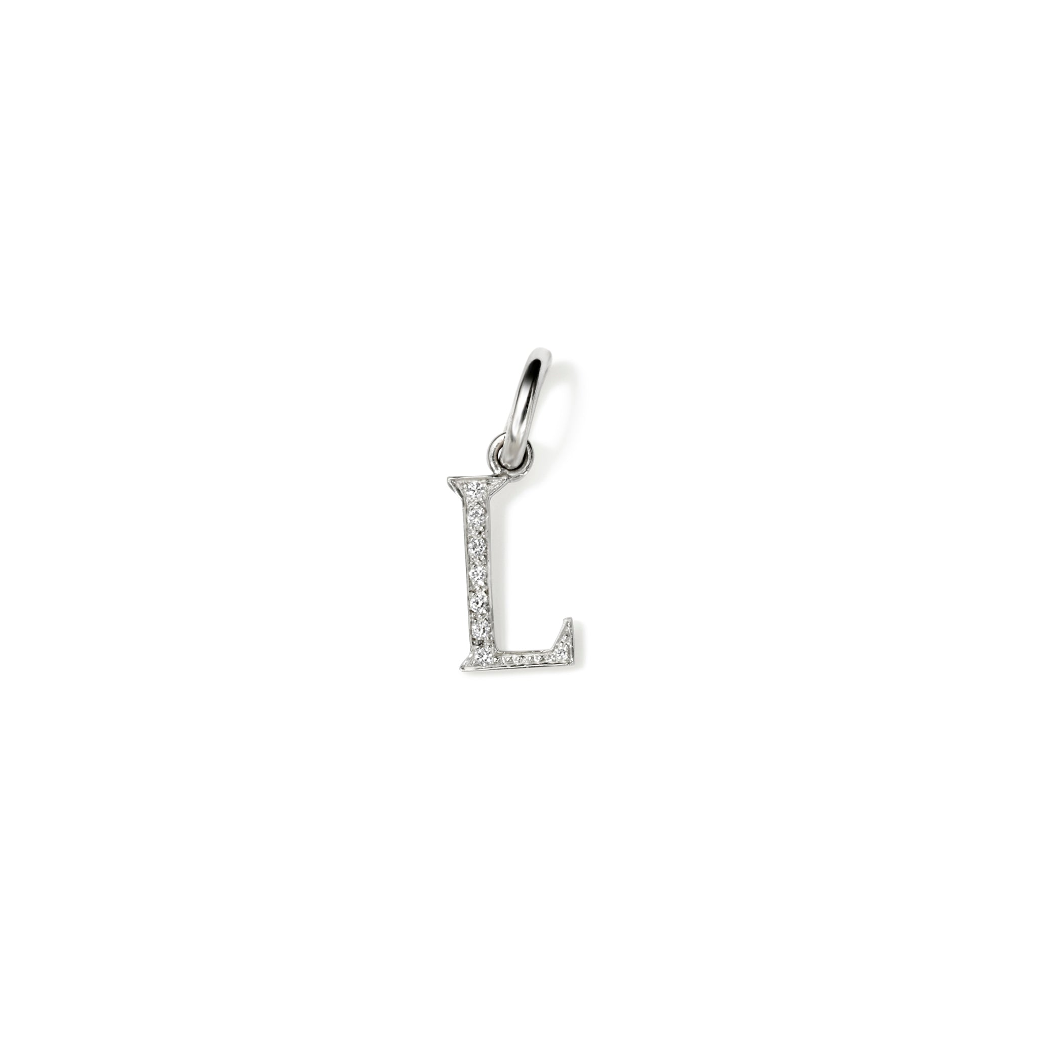 Handcrafted 18ct white gold initial L necklace pendant set with diamond pavé, with a loop at the top for chain attachment.