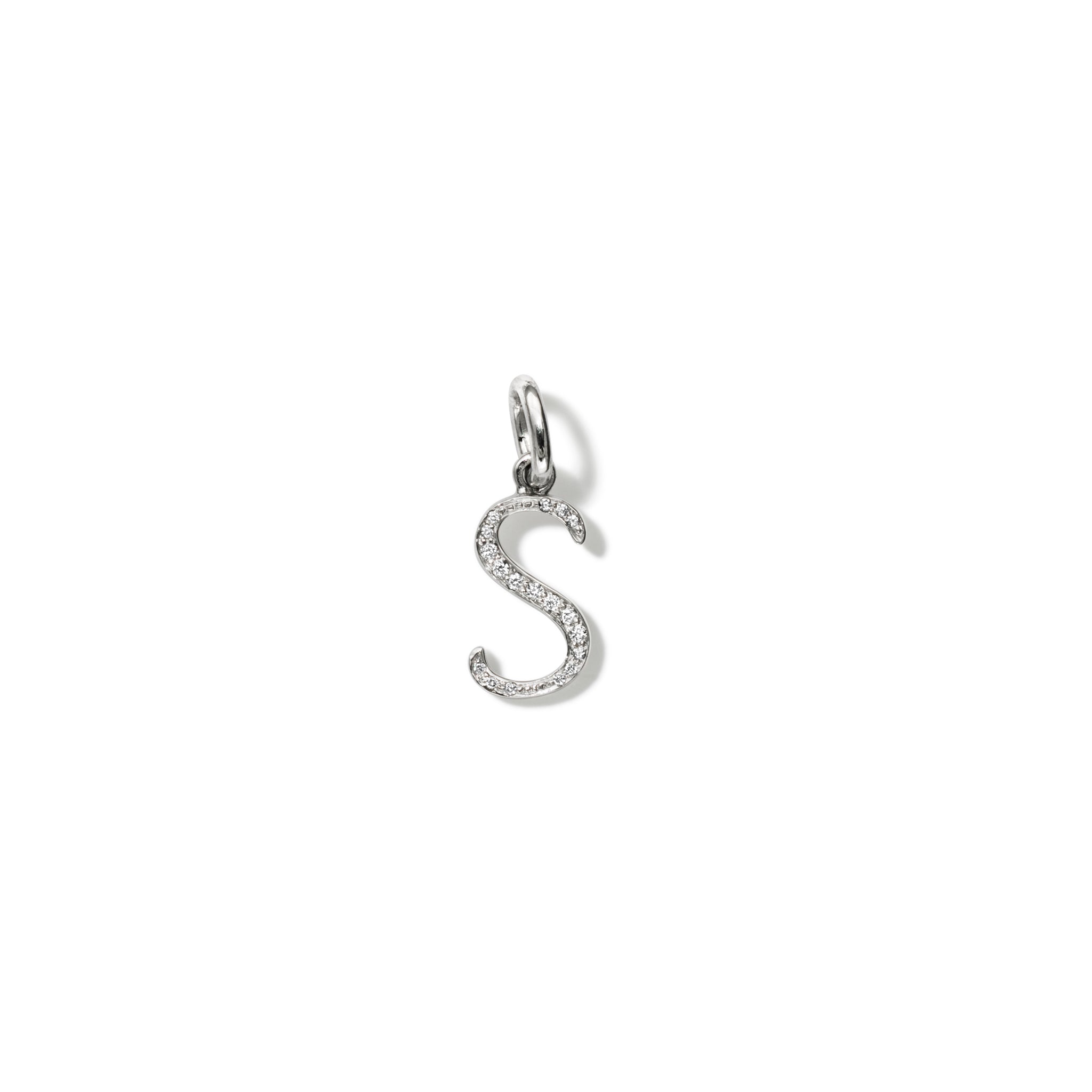 Handcrafted 18ct white gold initial S necklace pendant set with diamond pavé, with a loop at the top for chain attachment.