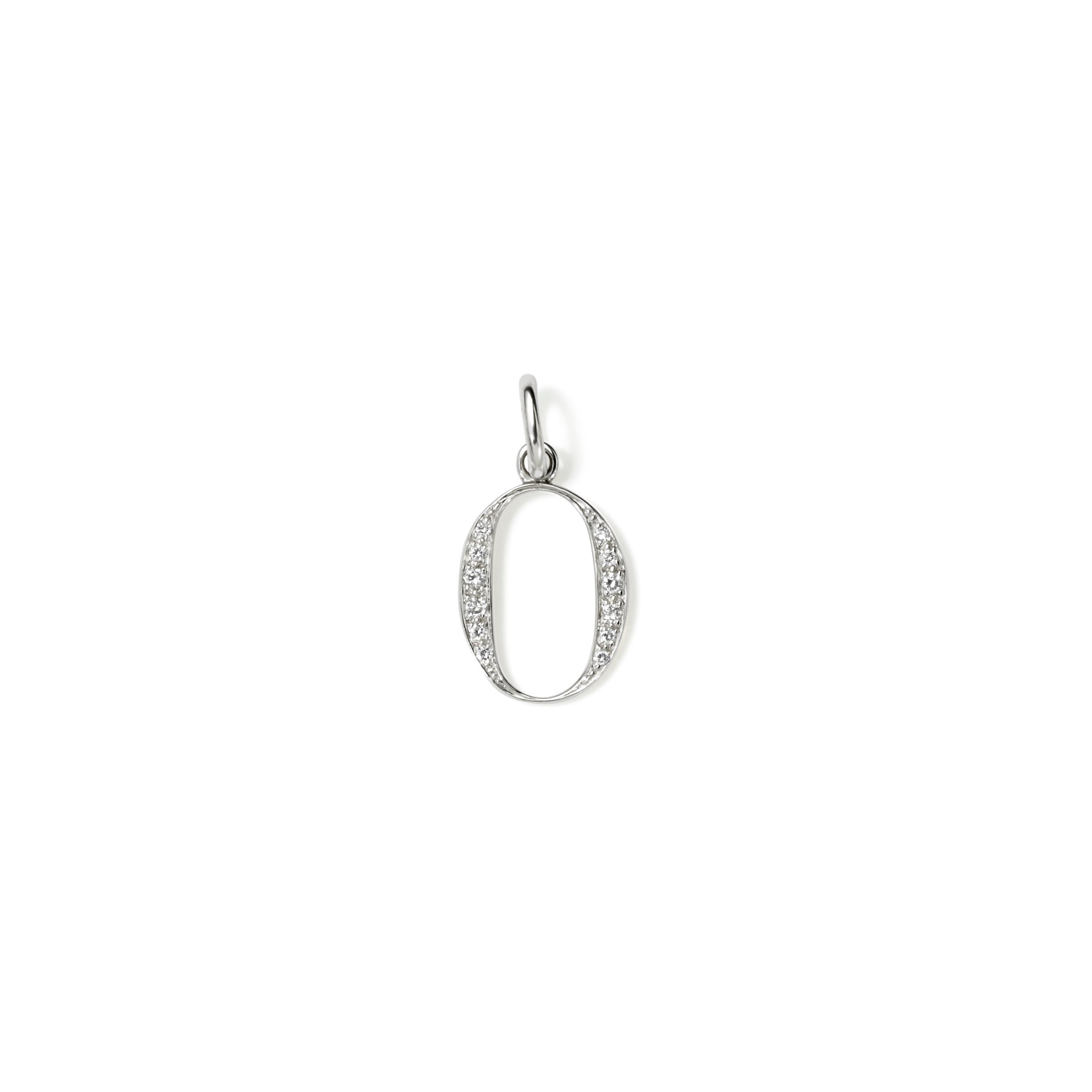 Handcrafted 18ct white gold initial O necklace pendant set with diamond pavé, with a loop at the top for chain attachment.