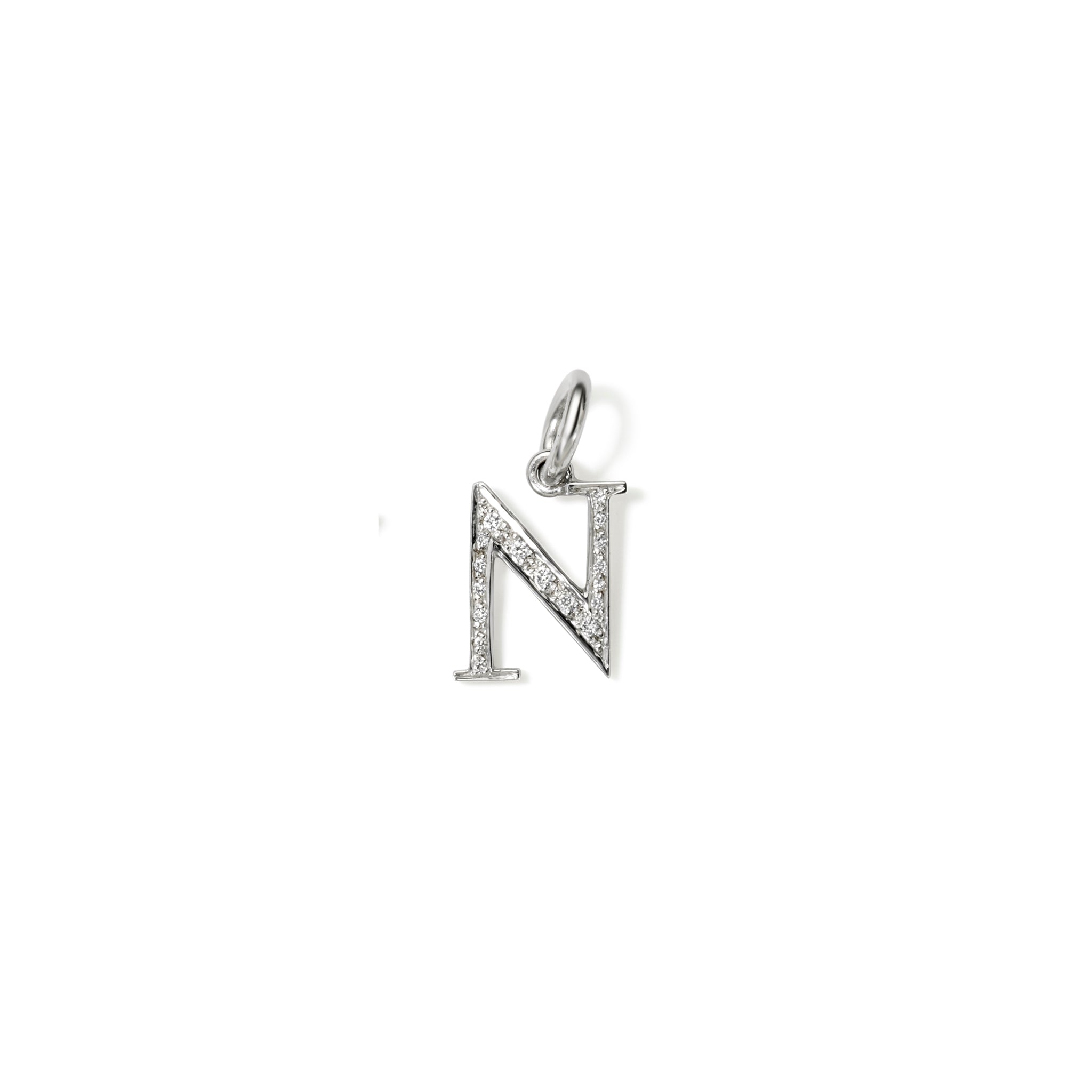 Handcrafted 18ct white gold initial N necklace pendant set with diamond pavé, with a loop at the top for chain attachment.