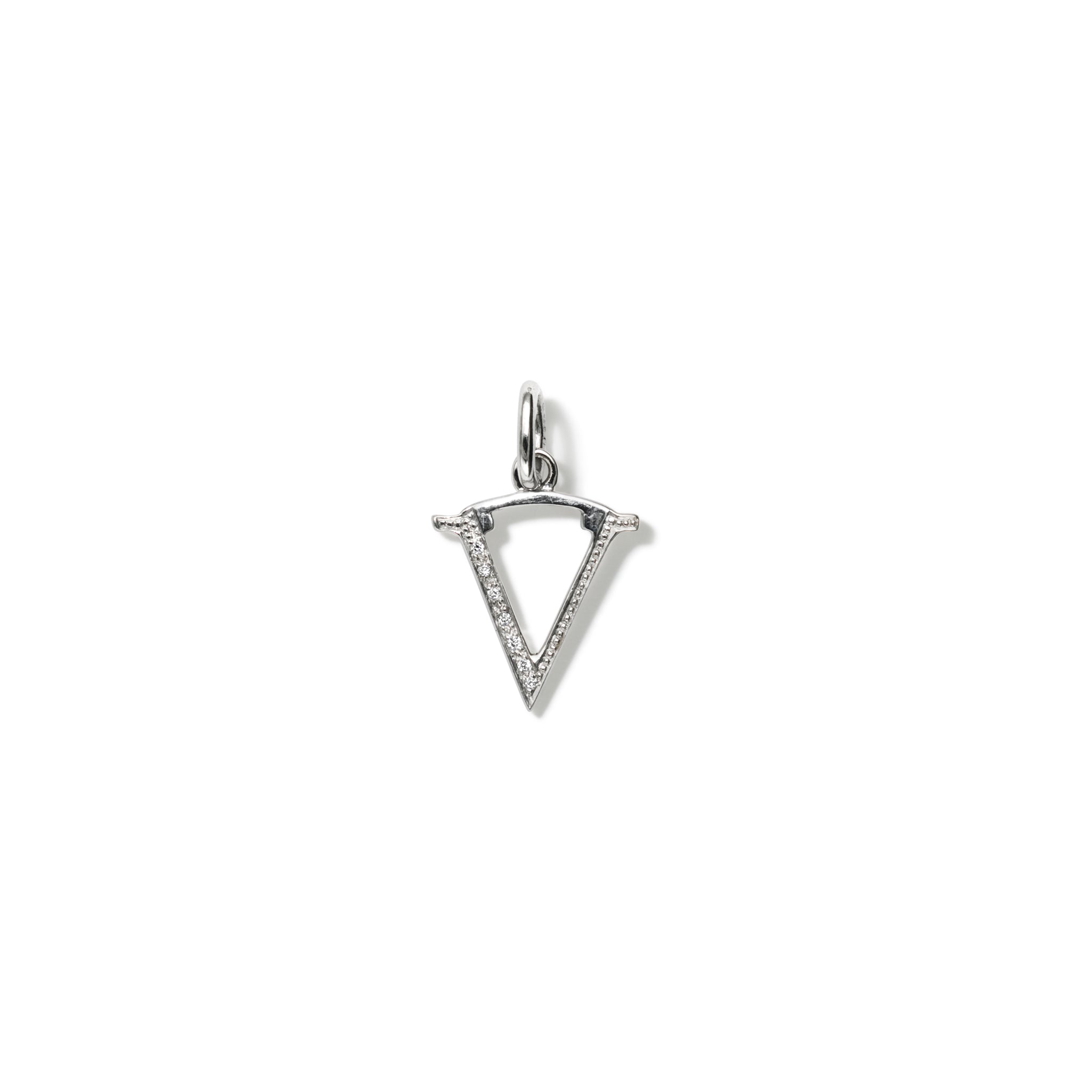 Handcrafted 18ct white gold initial V necklace pendant set with diamond pavé, with a loop at the top for chain attachment.