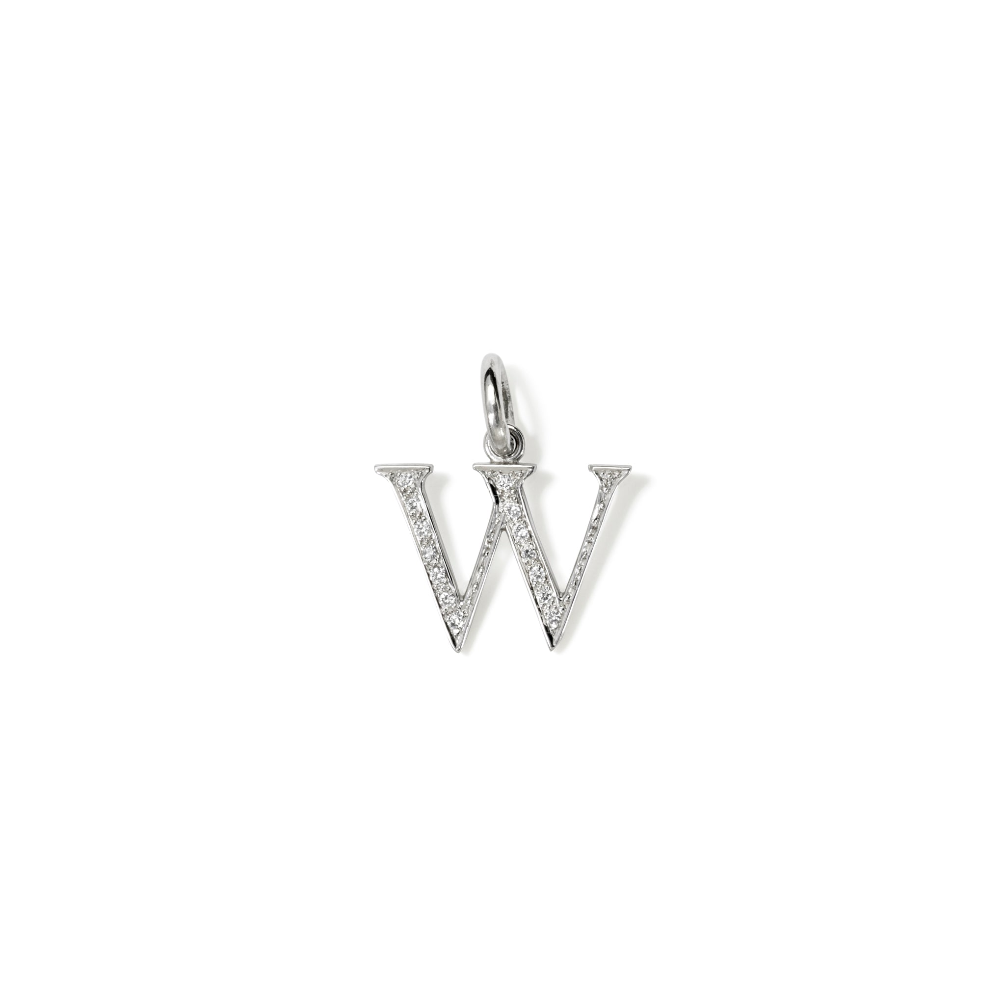 Handcrafted 18ct white gold initial W necklace pendant set with diamond pavé, with a loop at the top for chain attachment.