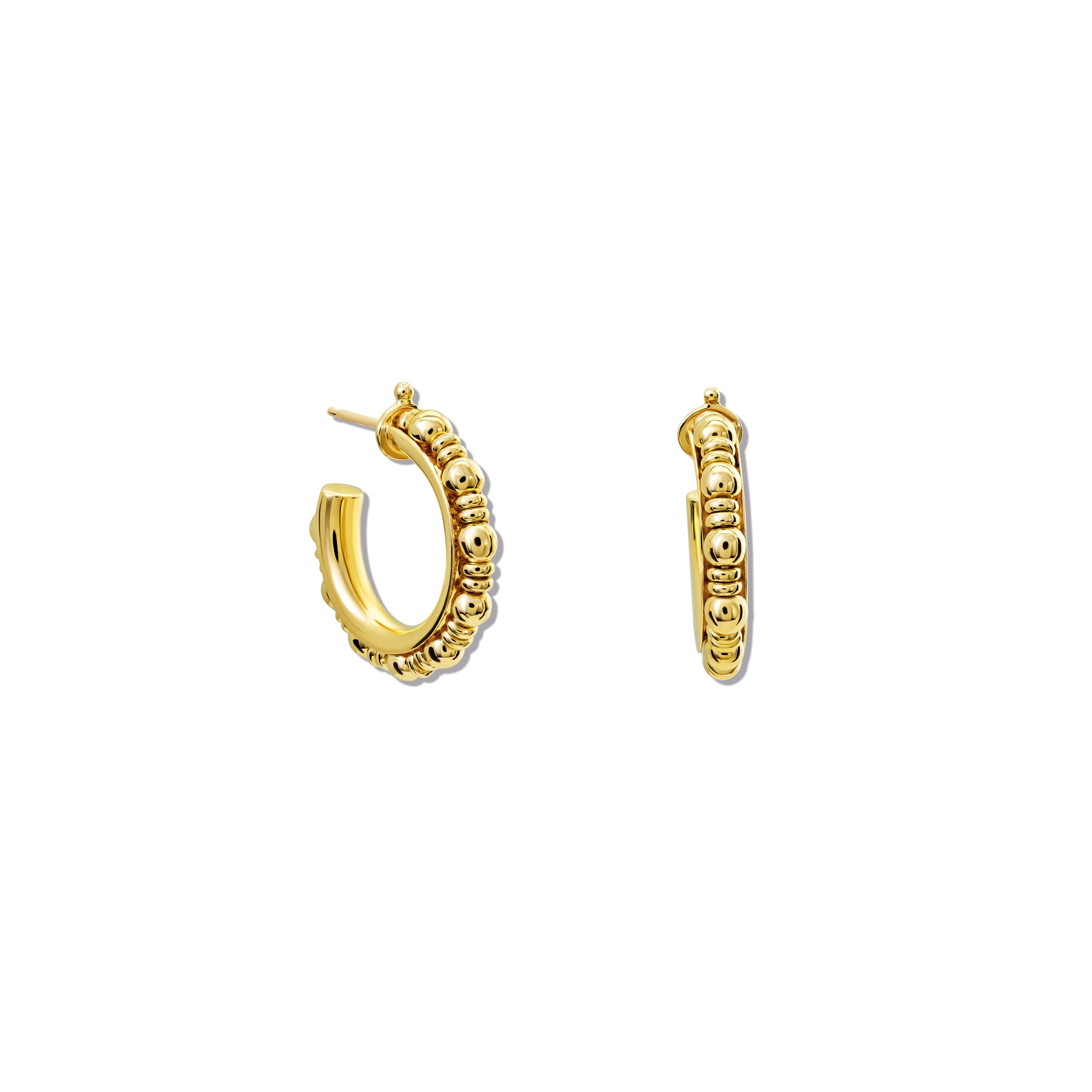 Handcrafted yellow gold hoop earrings featuring small gold beads.