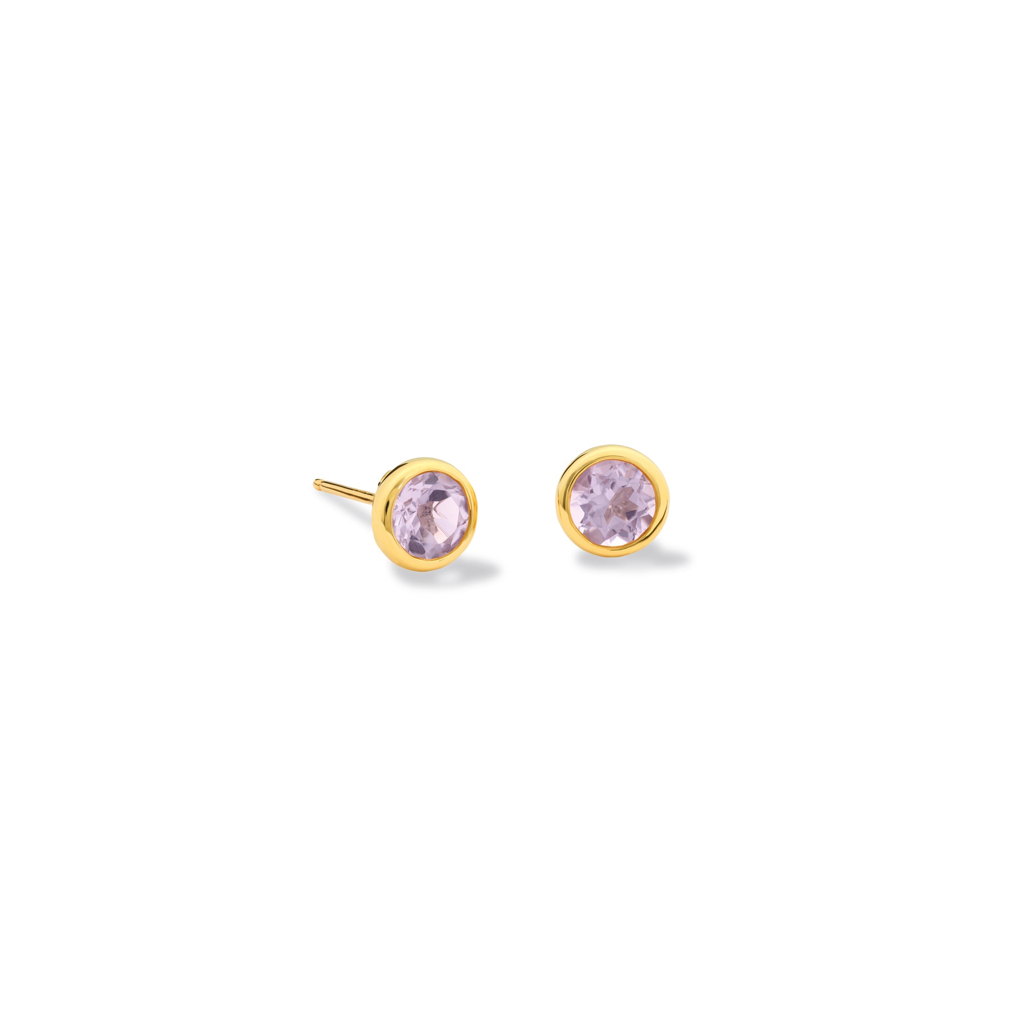 Handcrafted 18ct yellow gold stud earrings featuring round pink amethyst, birthstone of February.