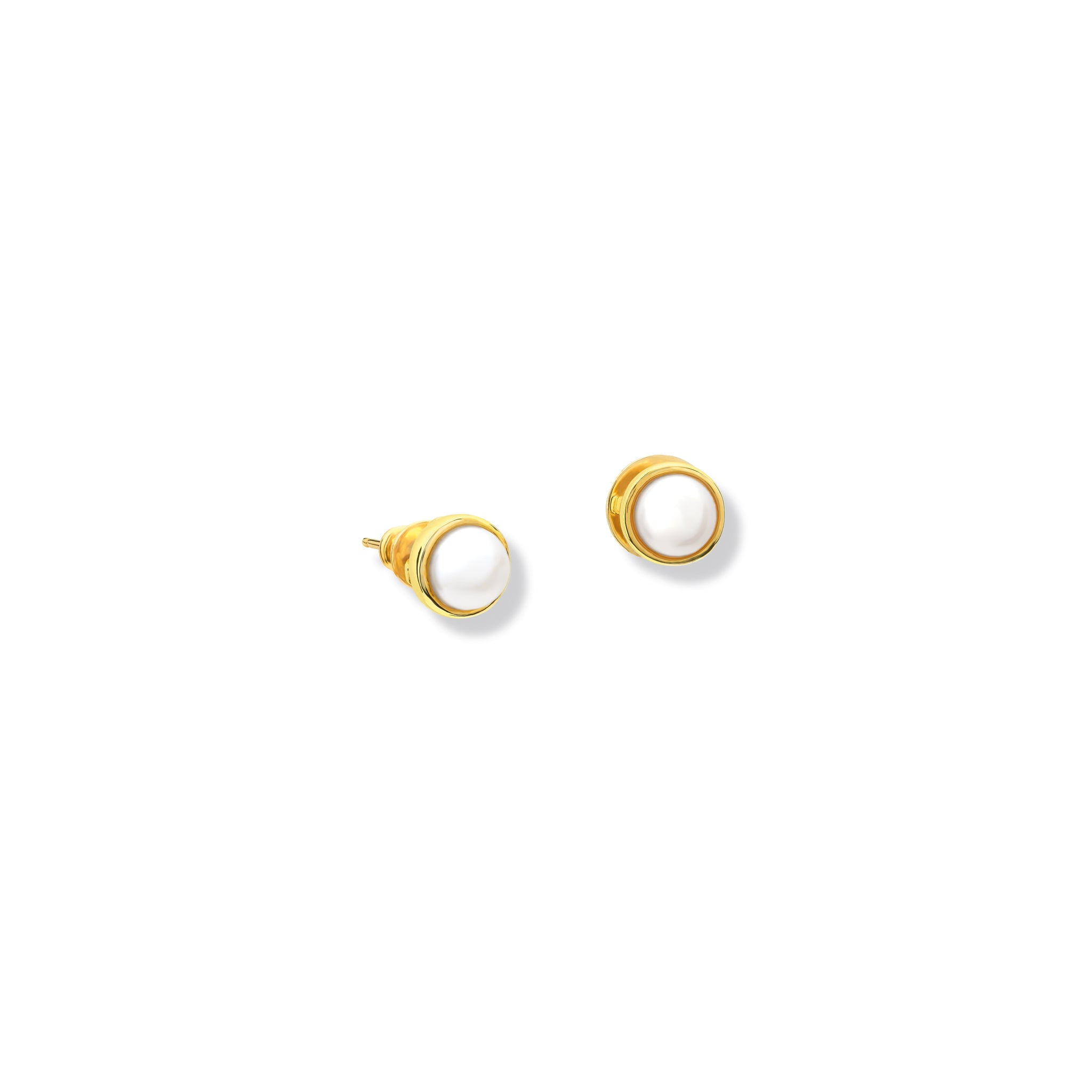 Handcrafted yellow gold stud earrings featuring round pearl, birthstone of June.