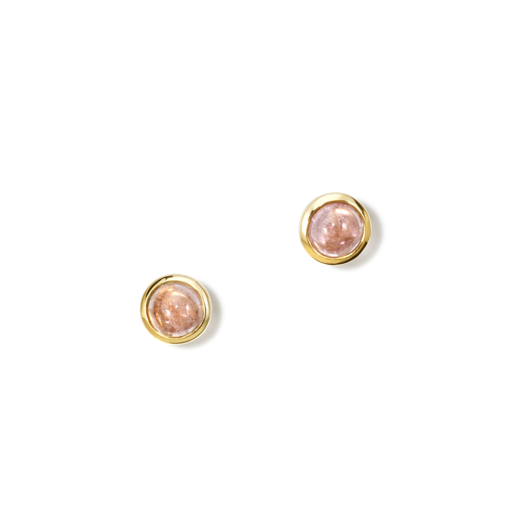 Handcrafted yellow gold stud earrings featuring round pink tourmaline, birthstone of October.