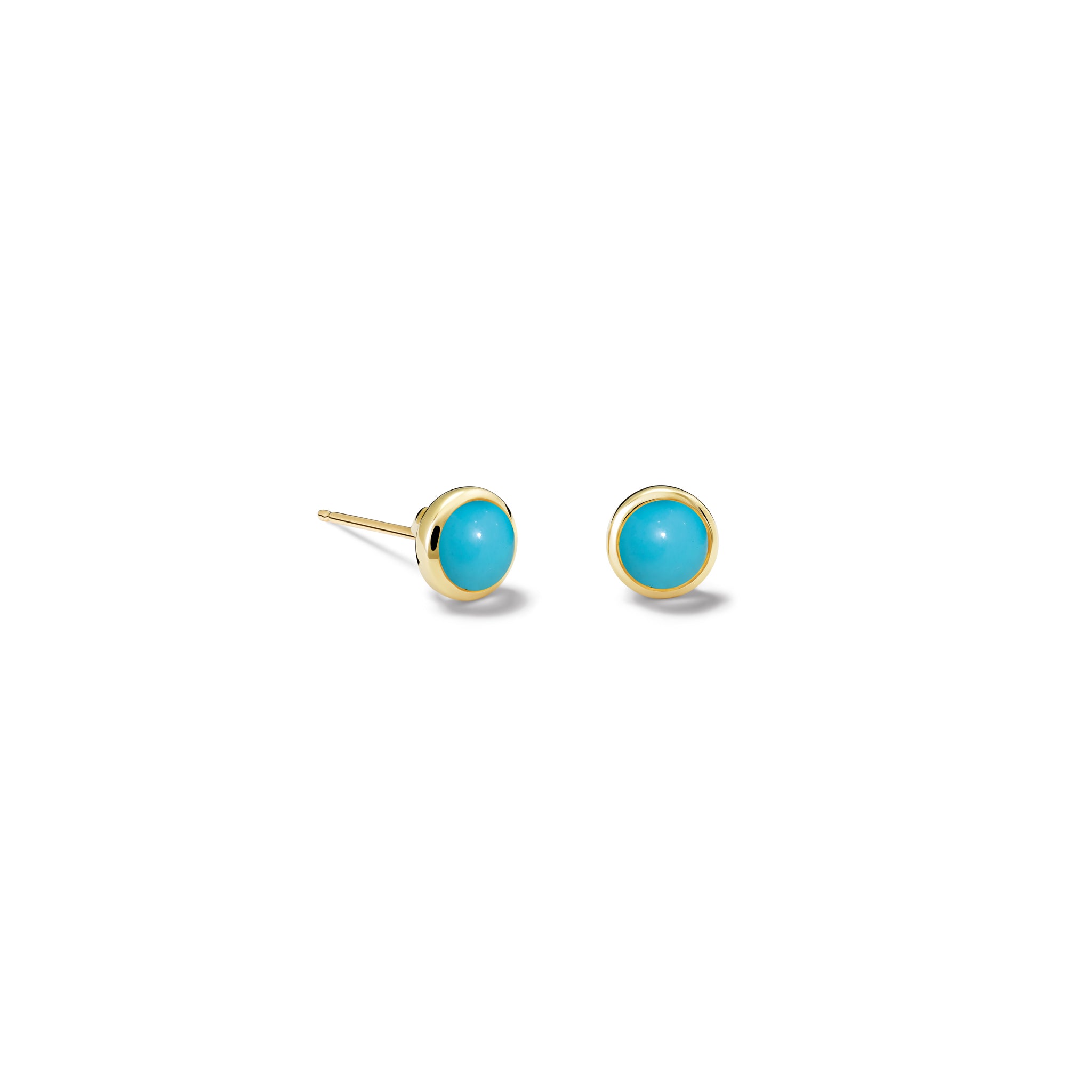 Handcrafted 18ct yellow gold stud earrings featuring round turquoise, birthstone of December.