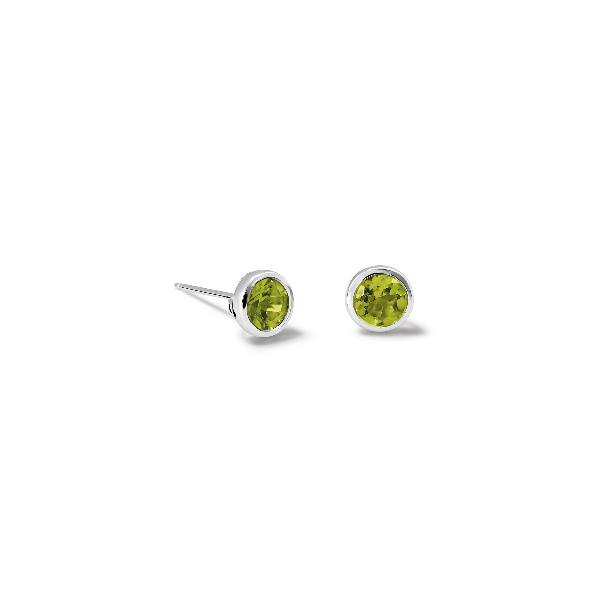 Handcrafted white gold stud earrings featuring round peridot, birthstone of August.