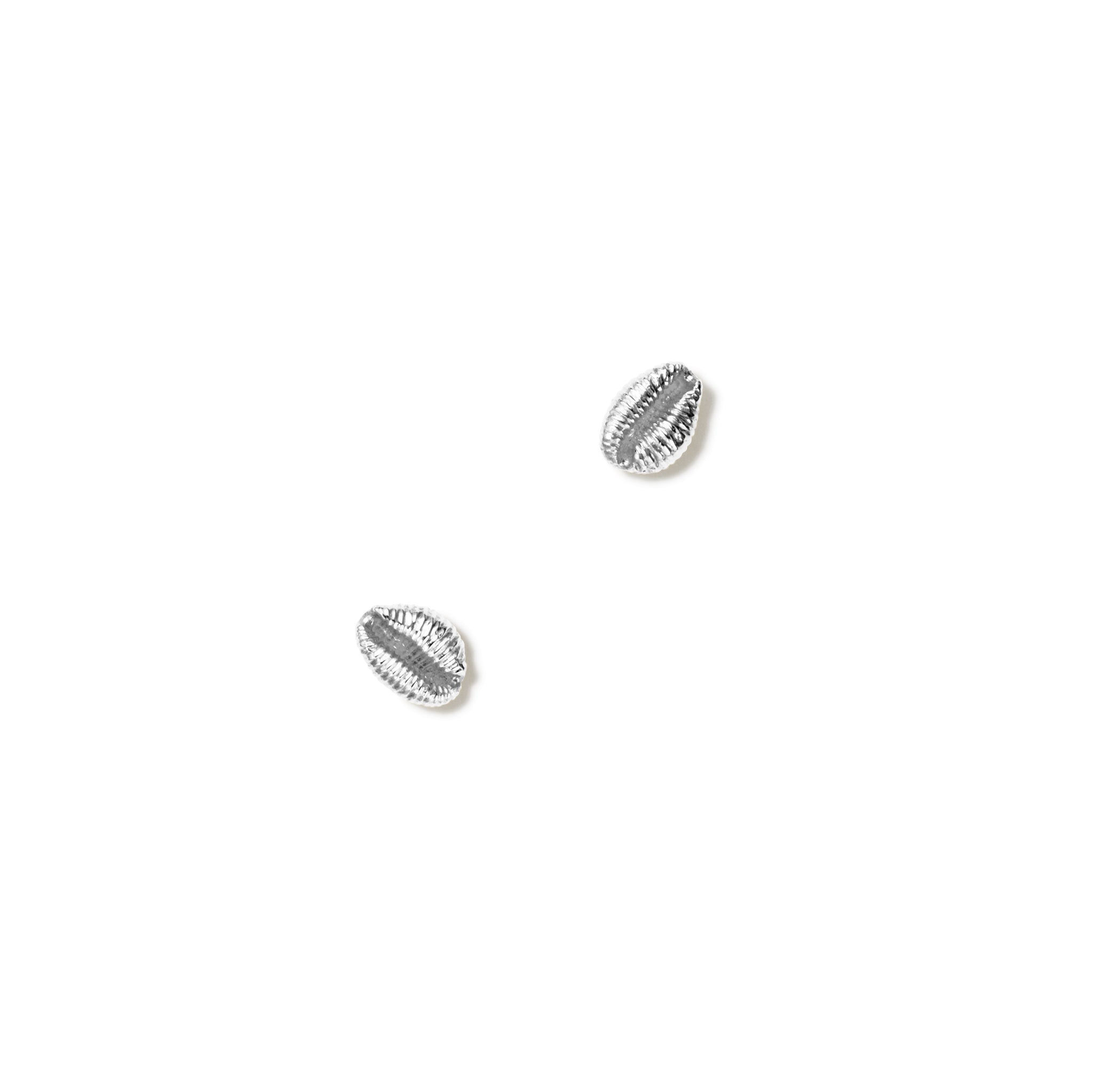 Handcrafted sterling silver earring studs showcasing a cowrie shell.