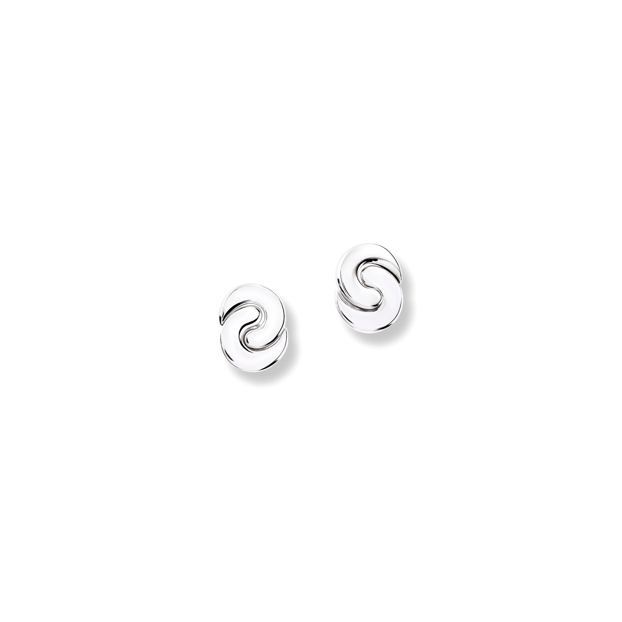 Handcrafted sterling silver earrings featuring two crescent shapes.
