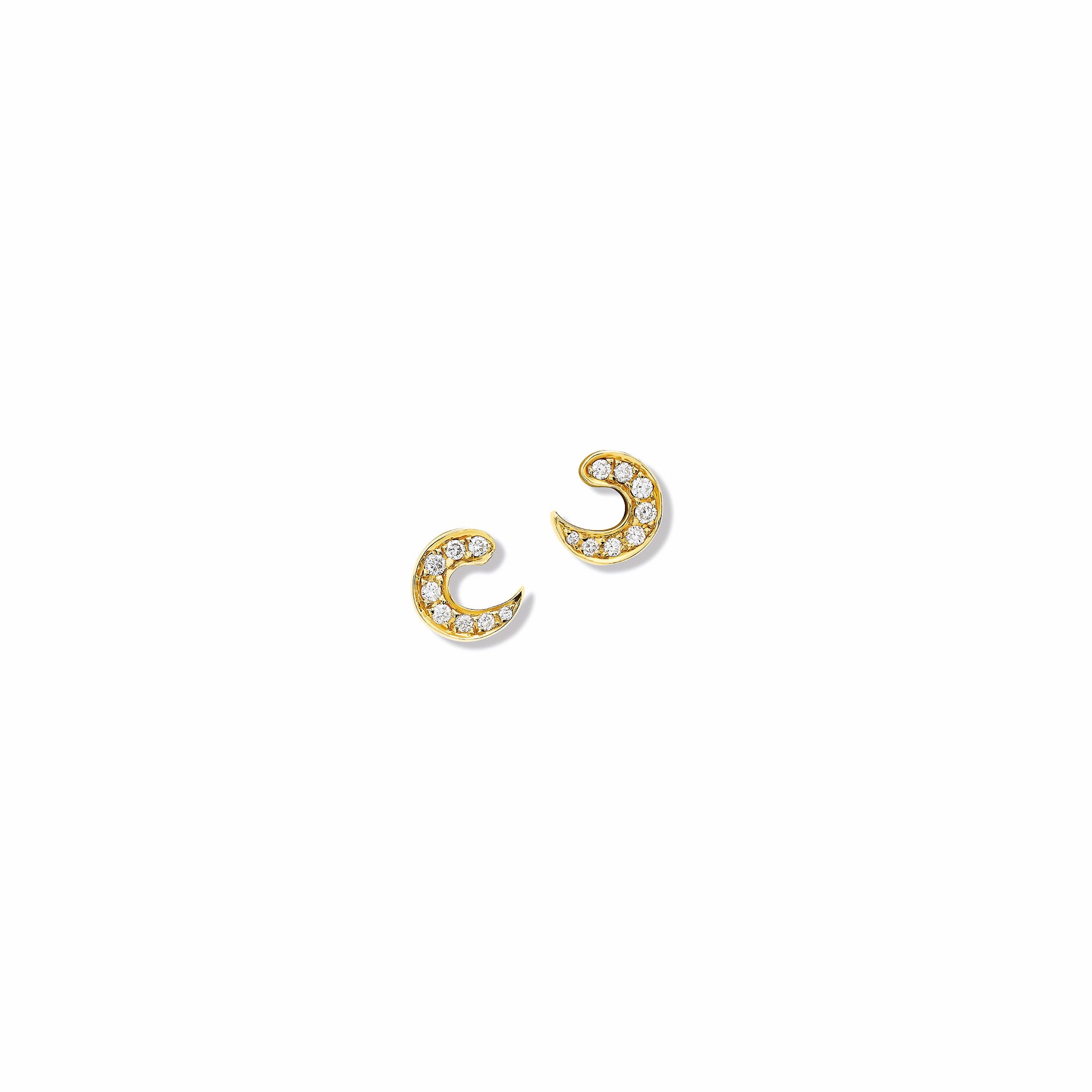 Handcrafted 18ct yellow gold stud earrings featuring a crescent shape with diamond pav?, birthstone of April.