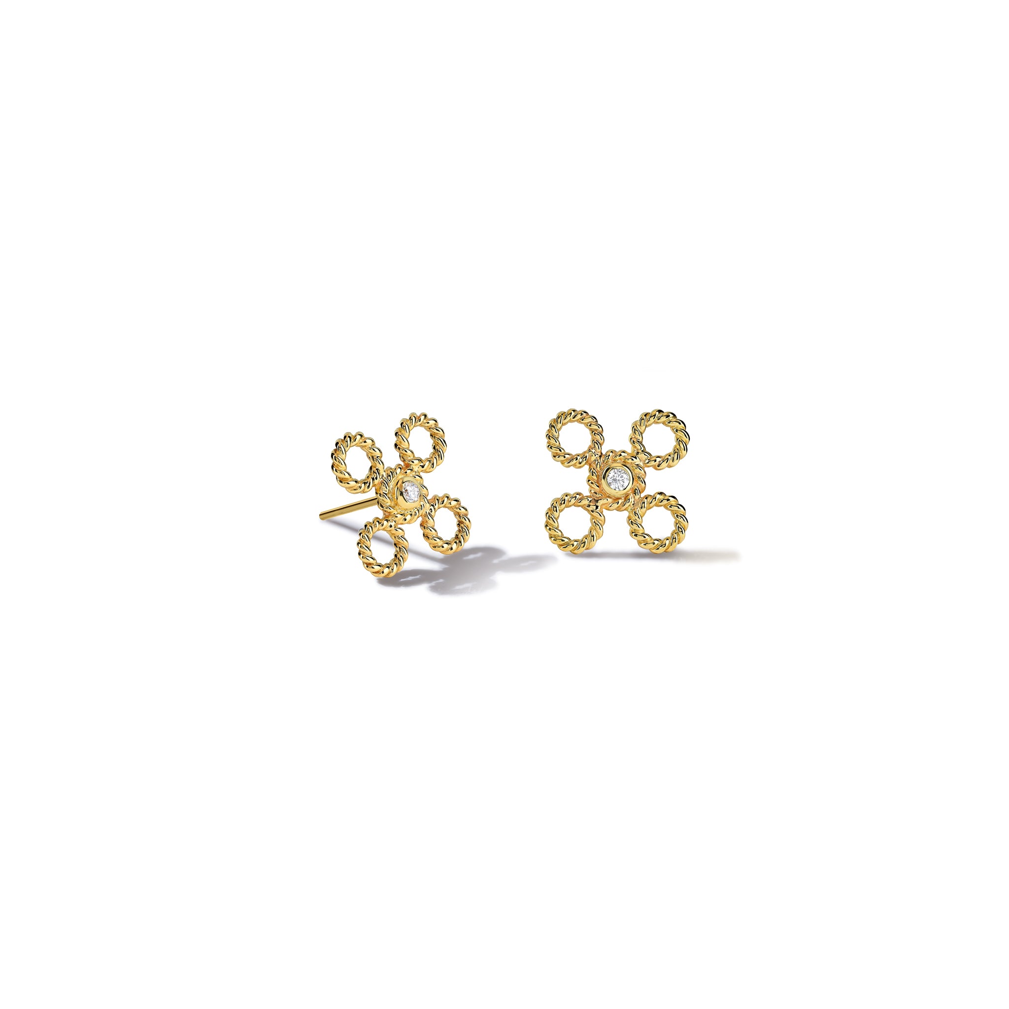 Handcrafted yellow gold stud earrings featuring a textured rope-like shape with a diamond.
