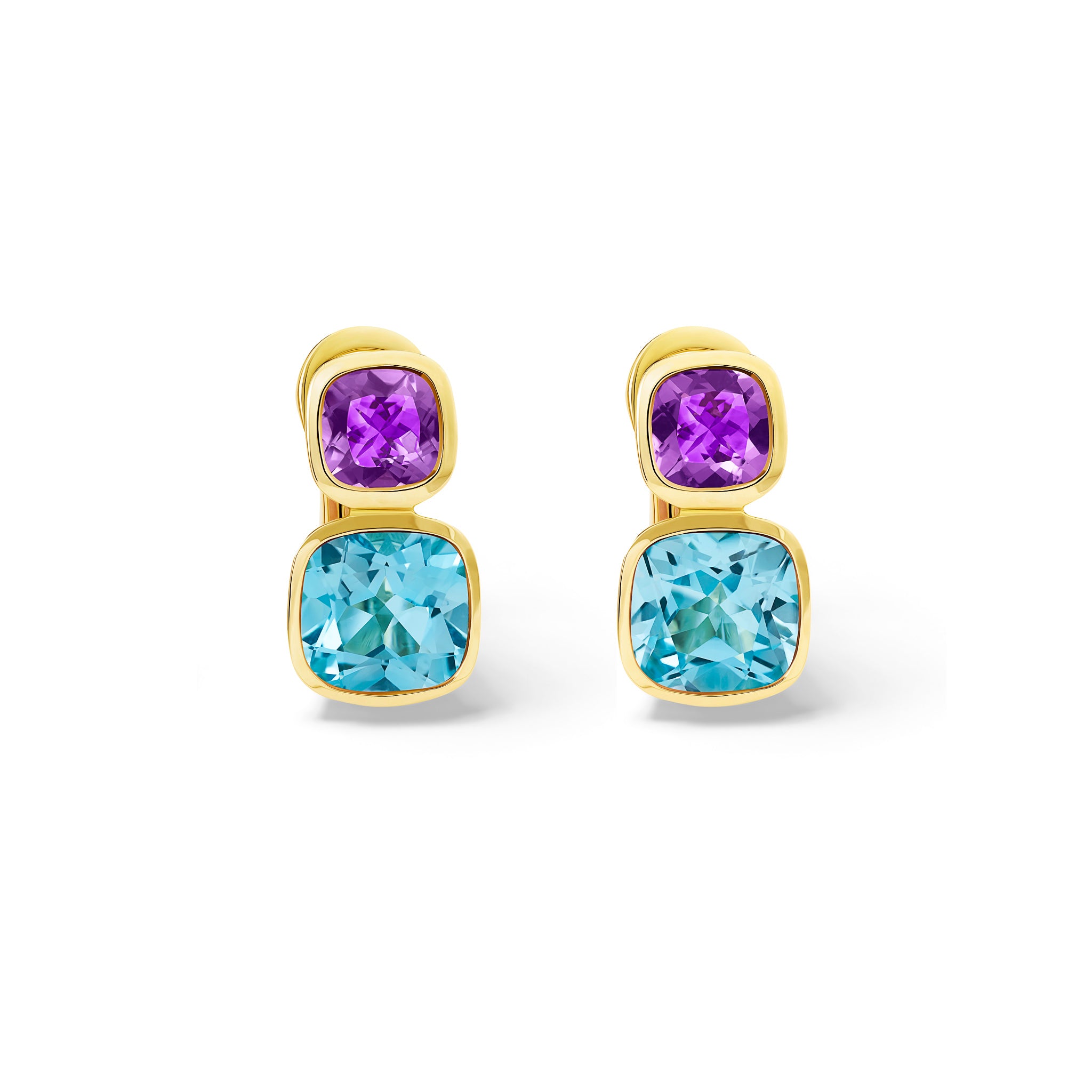 Handcrafted 18ct yellow gold square shaped earrings featuring precious gemstones of blue topaz and amethyst.
