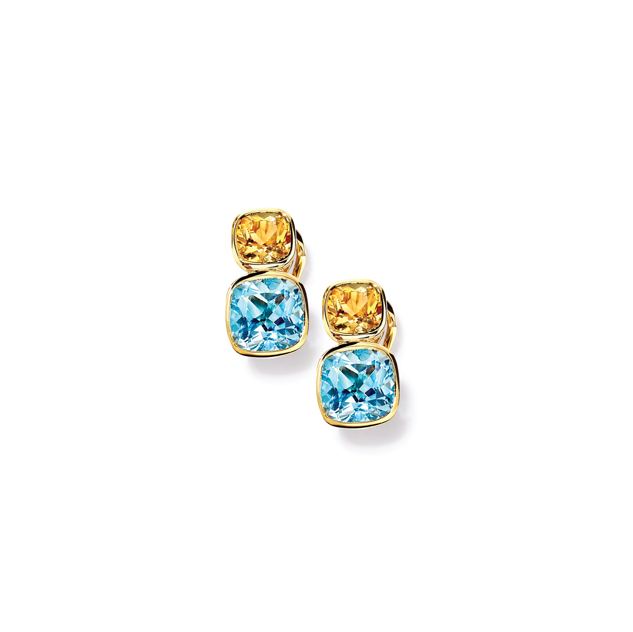 Handcrafted 18ct yellow gold square shaped earrings featuring citrine and blue topaz gemstones.
