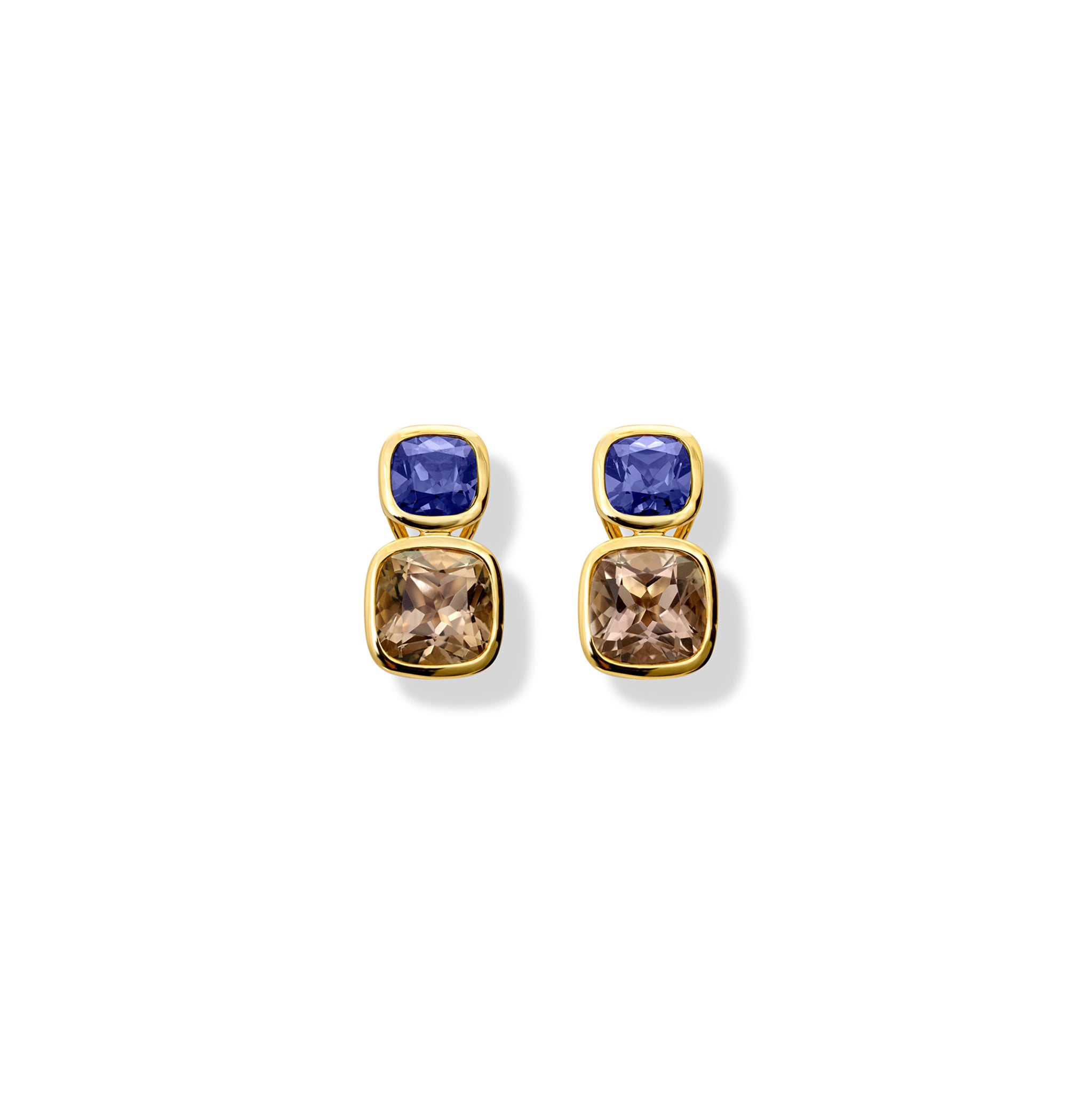 Handcrafted 18ct yellow gold square shaped earrings featuring iolite and smoky quartz gemstones.
