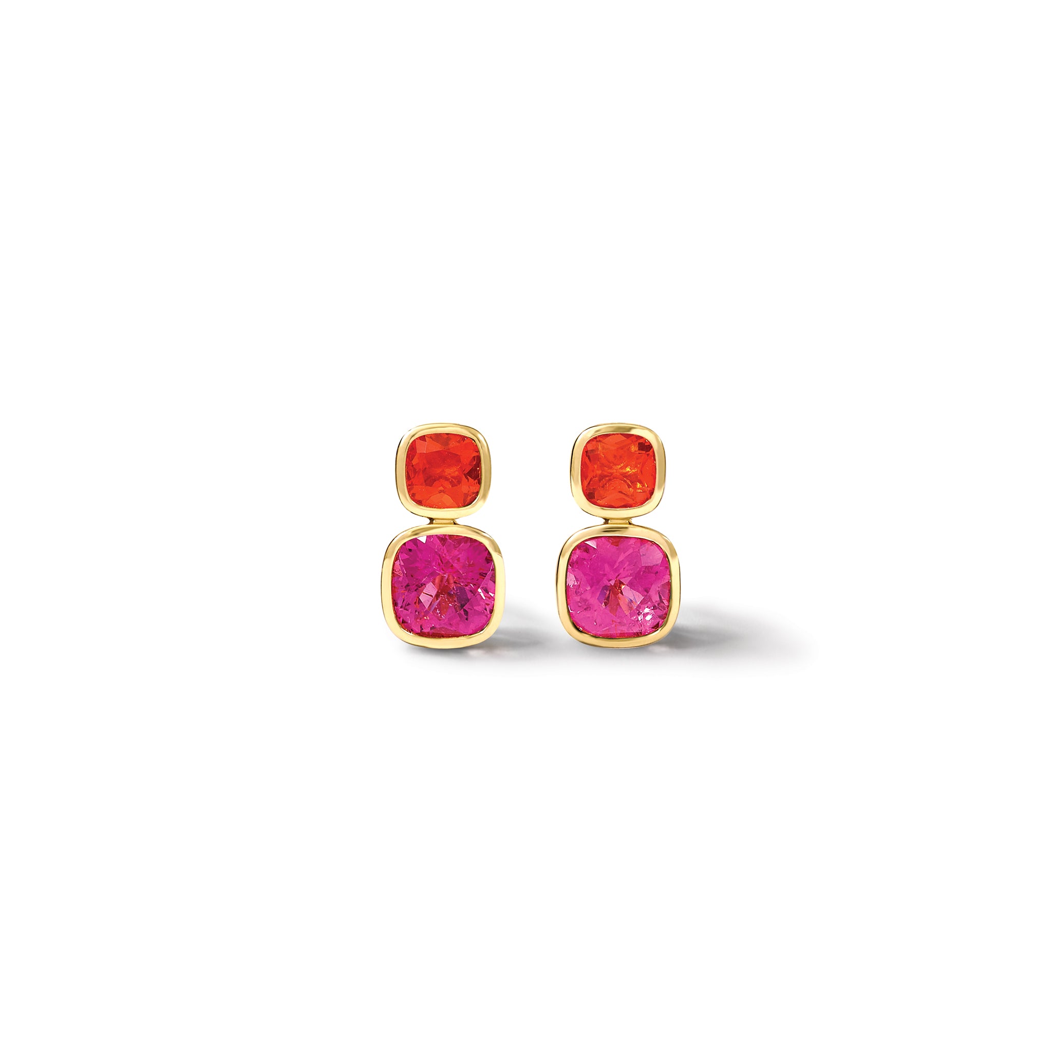 Handcrafted 18ct yellow gold square shaped earrings featuring pink tourmaline and fire opal gemstones.
