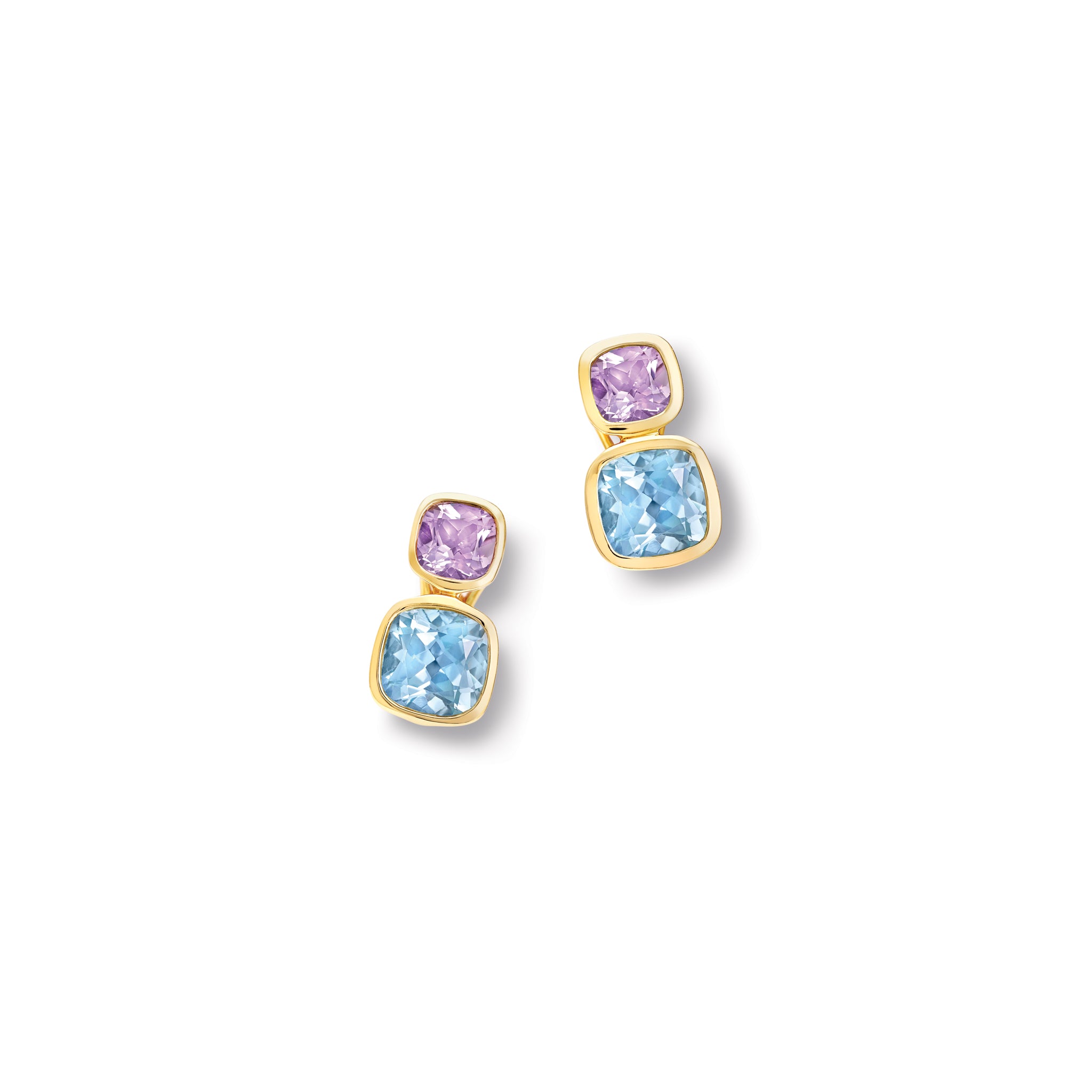 Handcrafted 18ct yellow gold square shaped earrings featuring amethyst and blue topaz gemstones.