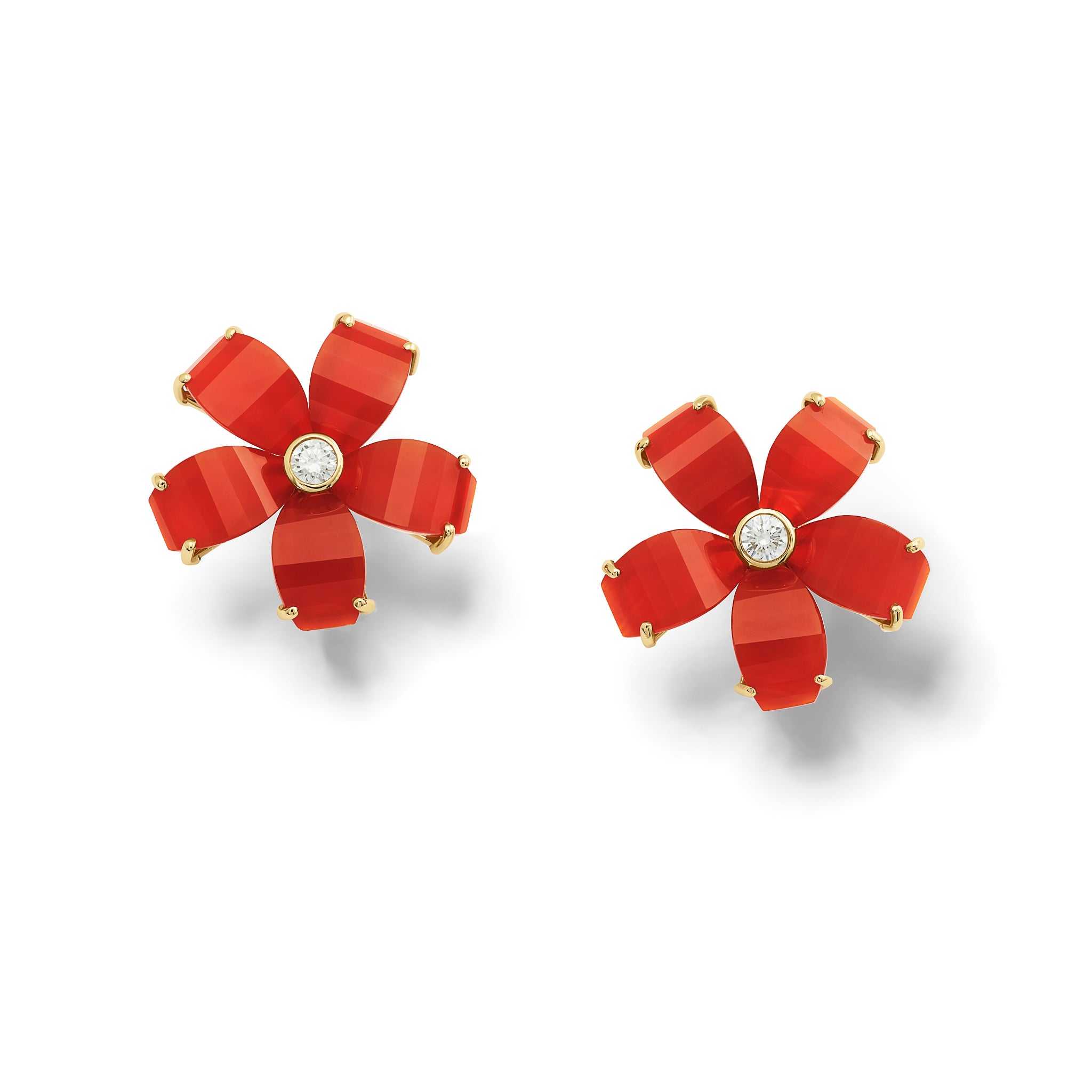 Handcrafted yellow gold flower earring studs featuring five cornelian petals and a central diamond.