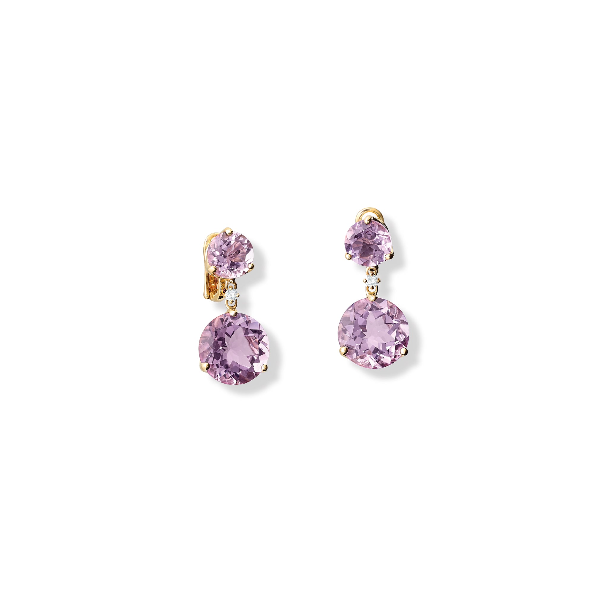 Handcrafted yellow gold earrings featuring circular amethyst gemstones and diamonds.
