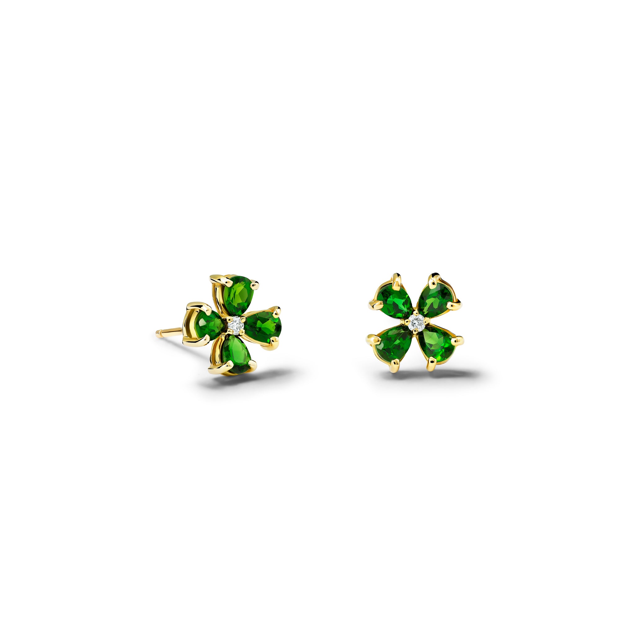 Handcrafted yellow gold four-leaf clover stud earrings with chrome diopside and diamond.