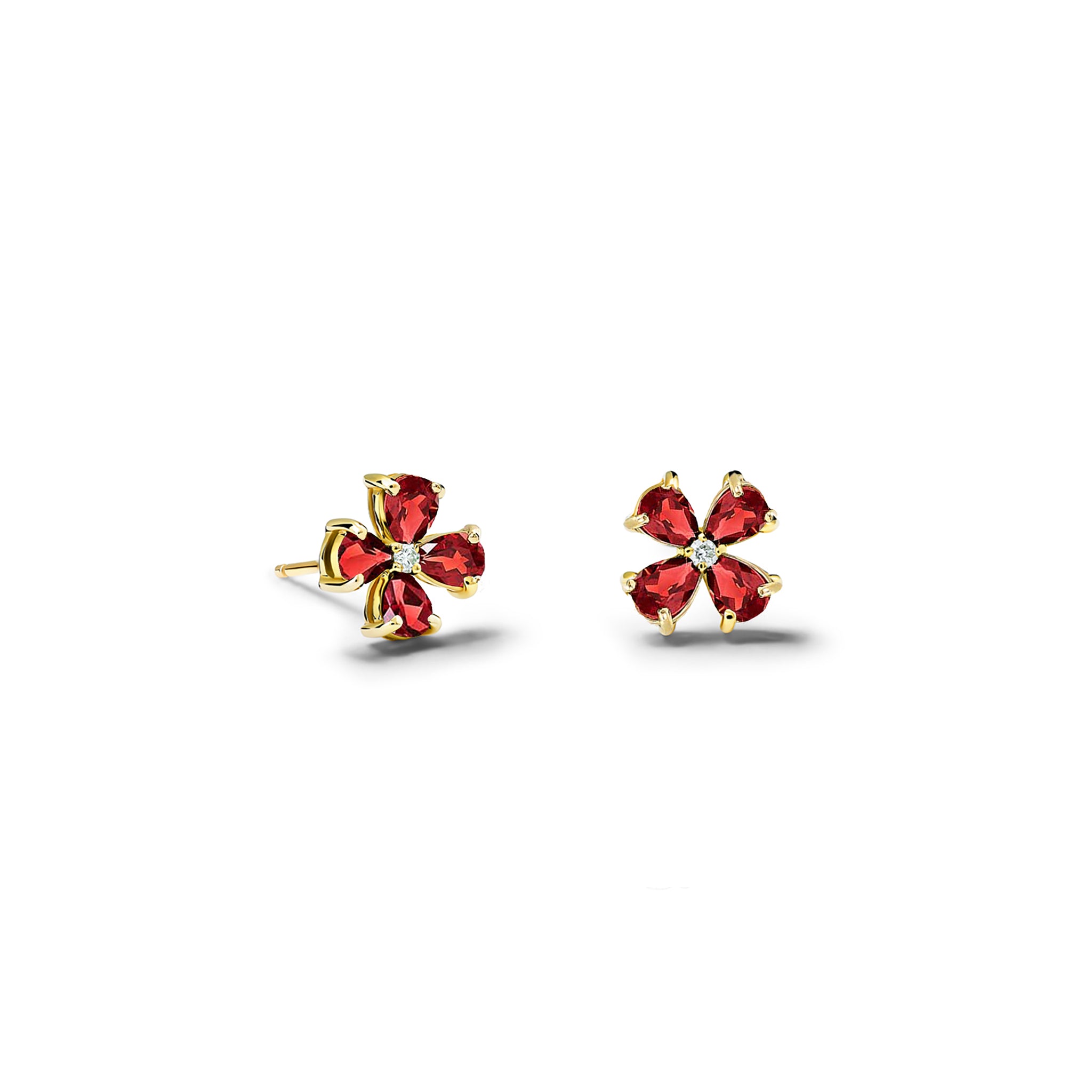 Handcrafted yellow gold four-leaf clover earring studs with garnet and diamond, birthstone of January.