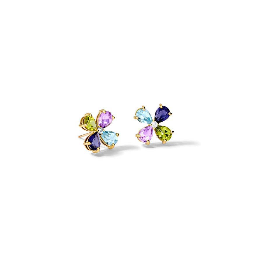 Handcrafted yellow gold four-leaf clover stud earrings with mixed gemstones.