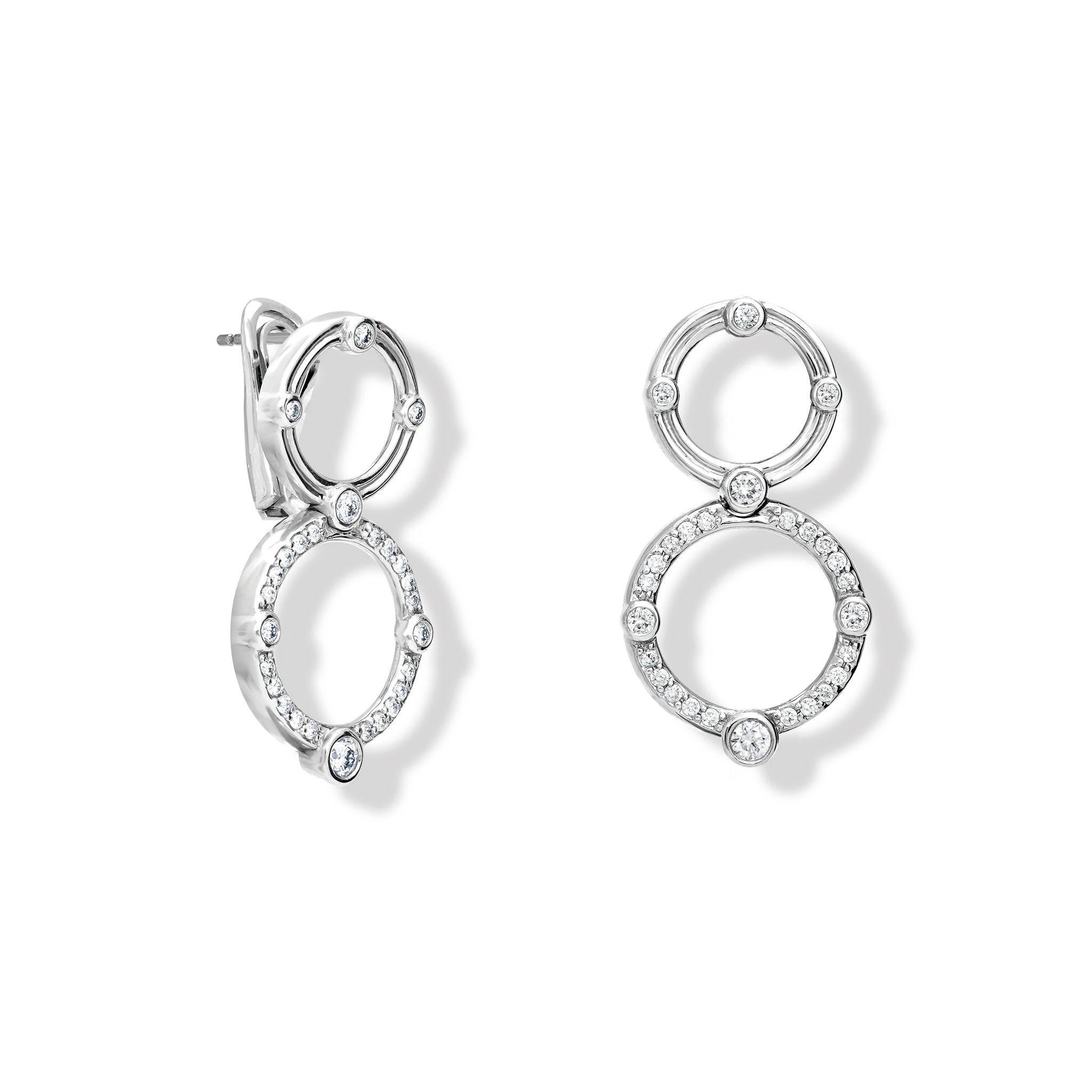 Handcrafted 18ct white gold earrings featuring two circular shapes with diamonds.
