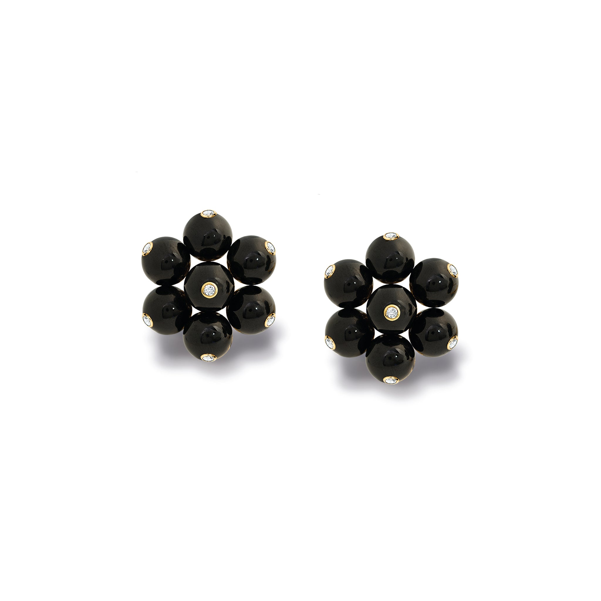 Handcrafted 18ct yellow gold earrings featuring a cluster of black onyx beads, interspersed with small diamonds.