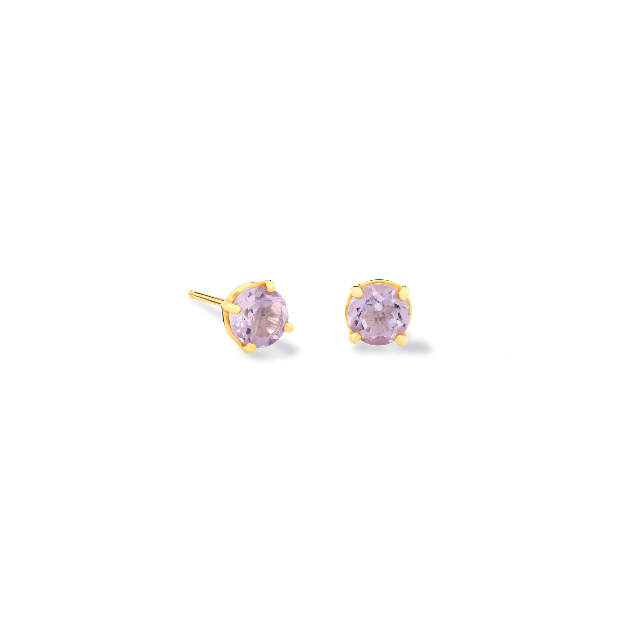 Handcrafted 18ct yellow gold stud earrings featuring round pink amethyst, the birthstone of February.